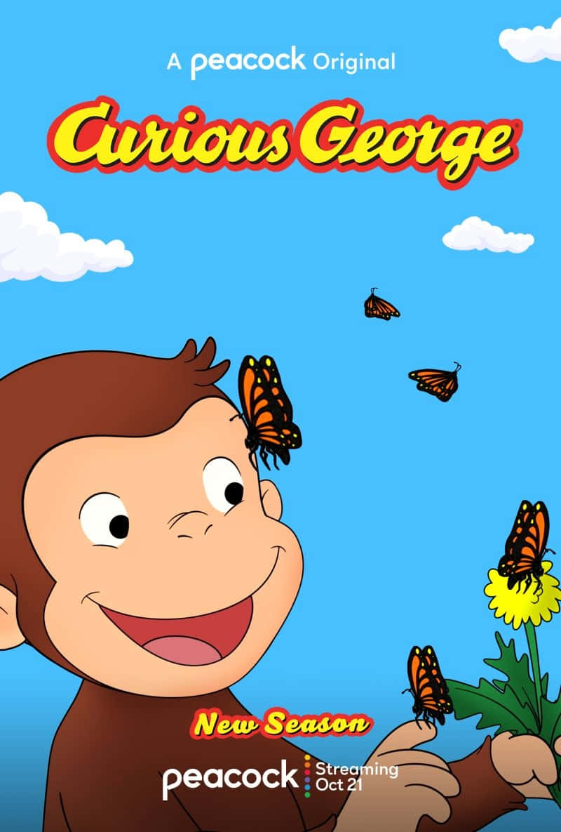 Curious George 桌布 壁紙 — 好奇的喬治在明亮的藍天和蓬鬆的雲朵背景下，開心地微笑，帝王蝶在他周圍翩翩起舞。
