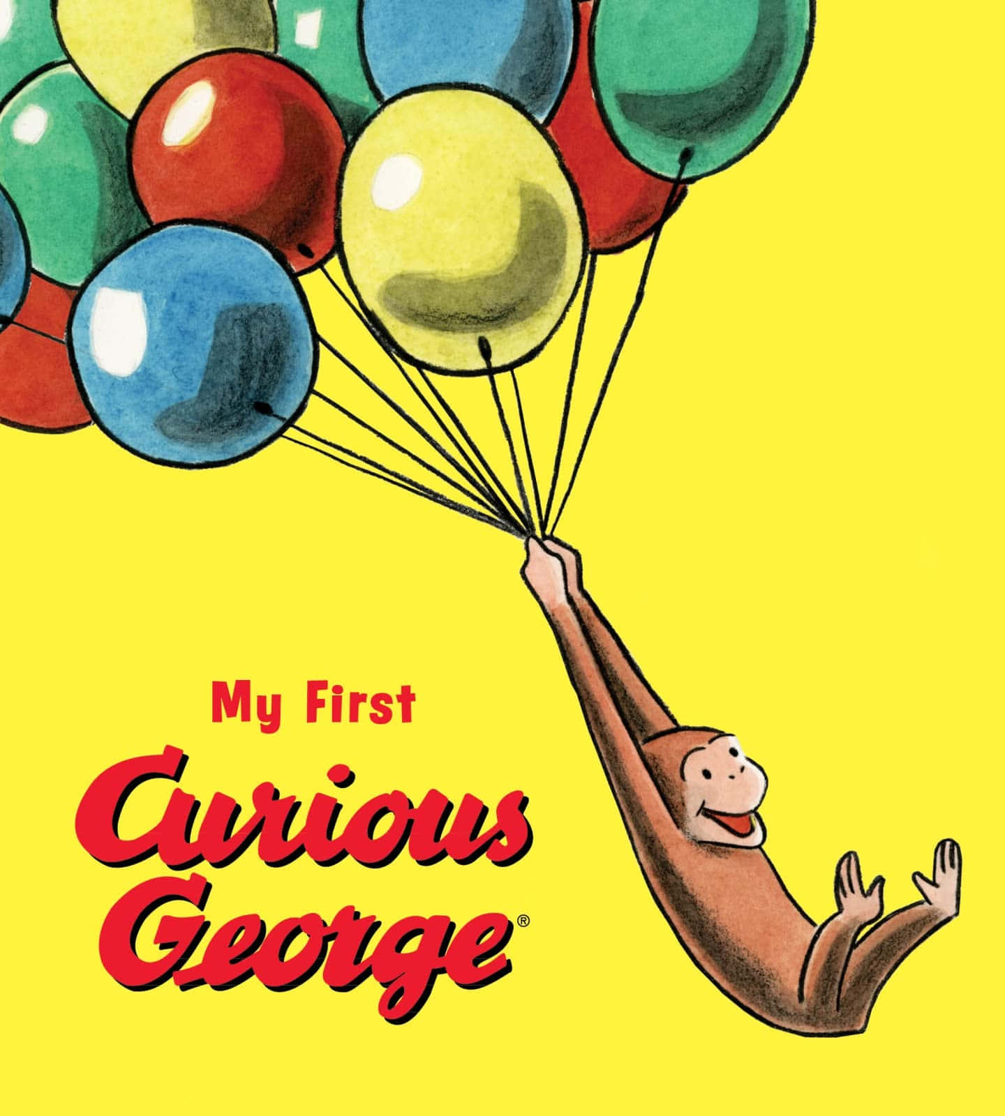 Curious George 桌布 壁紙 — 好奇的喬治快樂地掛在一簇色彩繽紛的氣球上，背景是明亮的黃色。