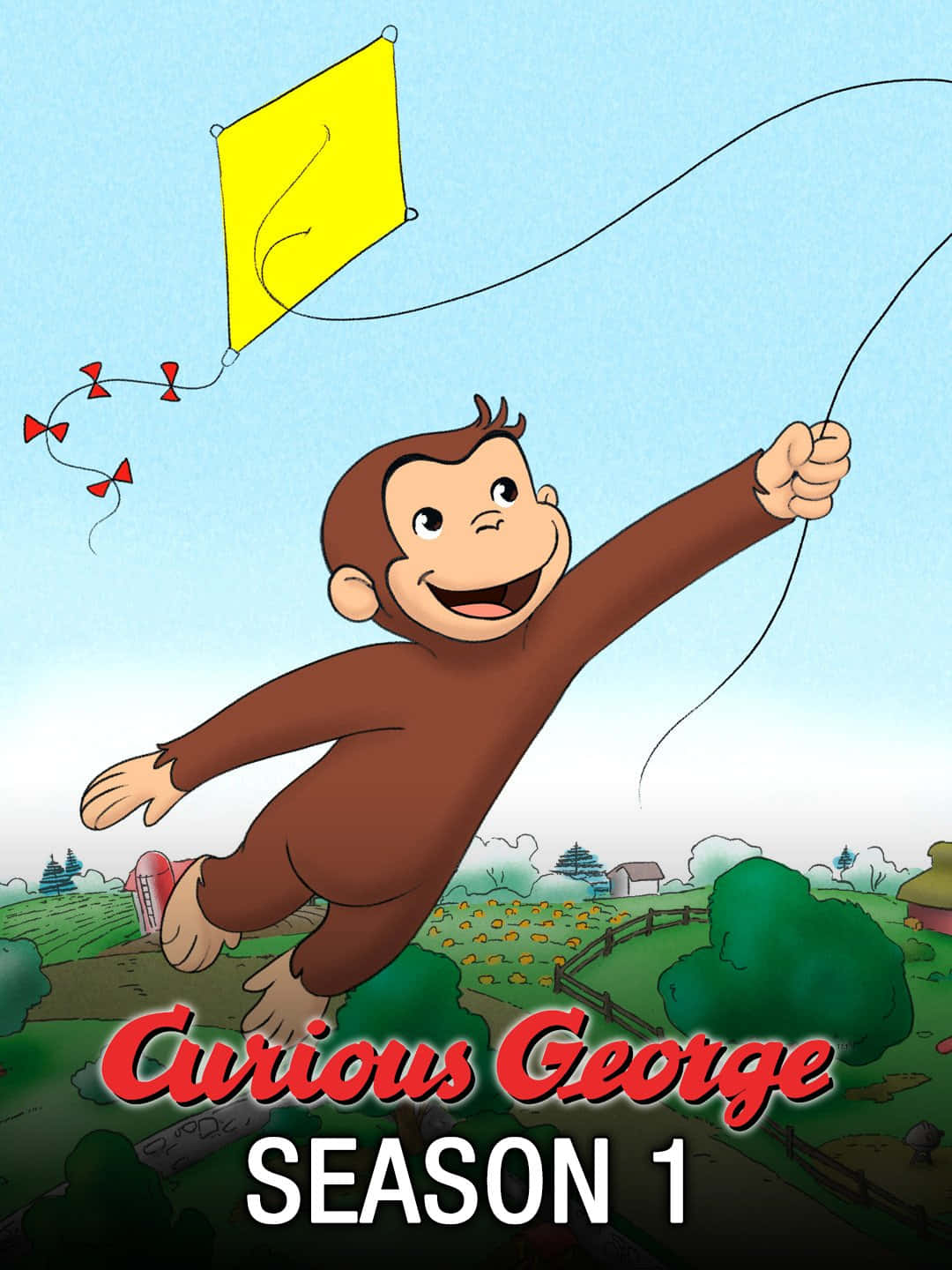 Curious George 桌布 壁紙 — 好奇的喬治愉快地放著一隻帶有紅色尾巴飄帶的黃色風箏，飛過綠色鄉村上空的明亮藍天。