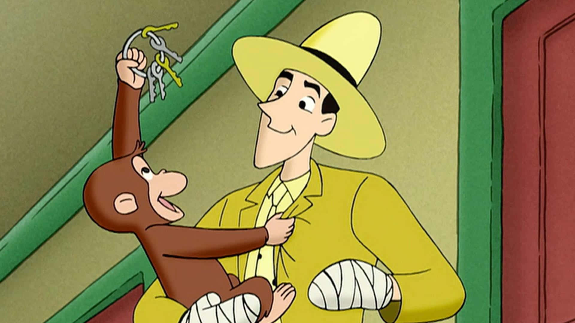 Curious George 桌布 壁紙 — 好奇的喬治拿著一串鑰匙，同時緊緊抓住戴著黃色帽子和夾克的微笑男子。