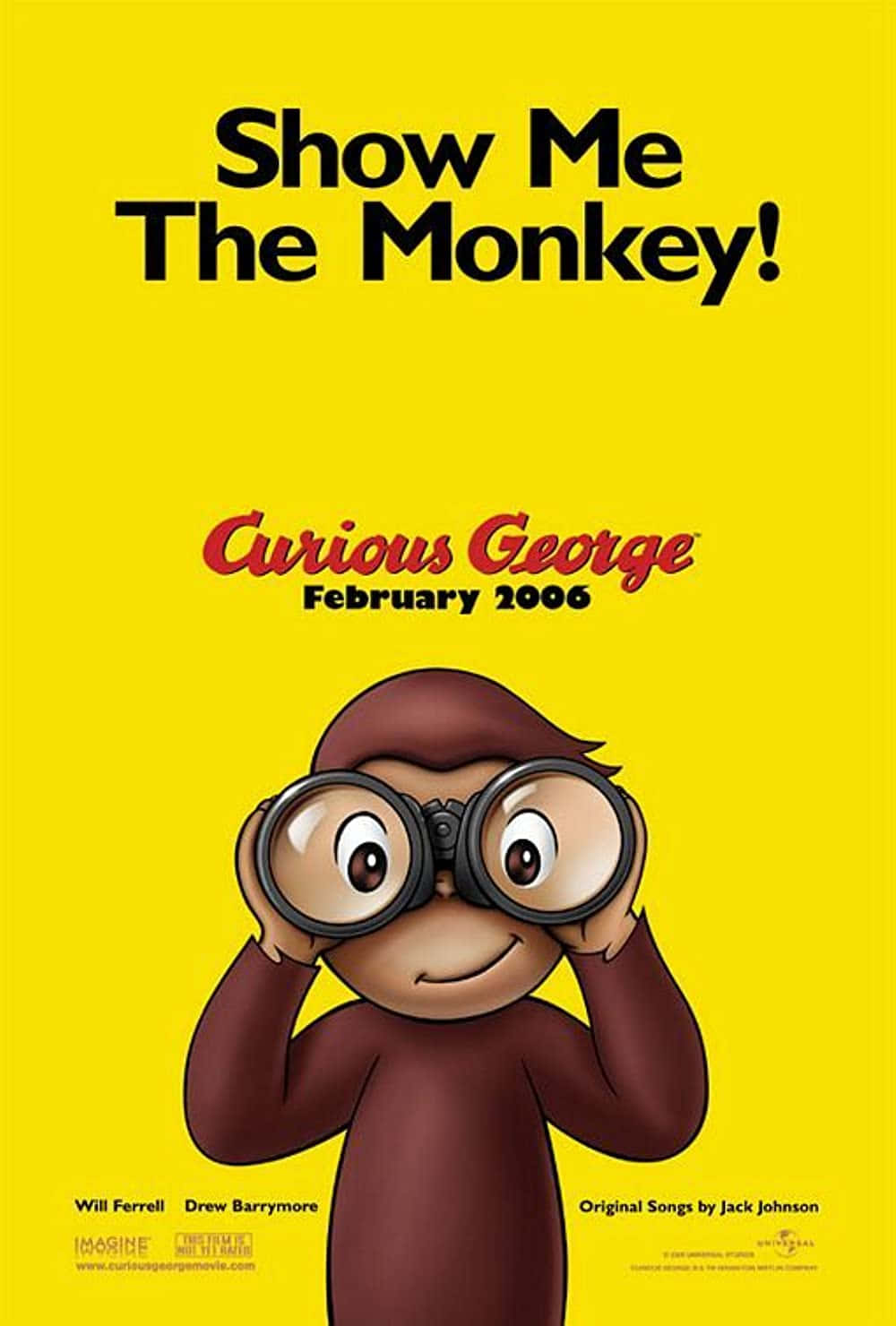 Curious George 桌布 壁紙 — 好奇的喬治透過雙筒望遠鏡凝視，背景是明亮的黃色，並有粗體文字宣佈電影名稱和上映日期。