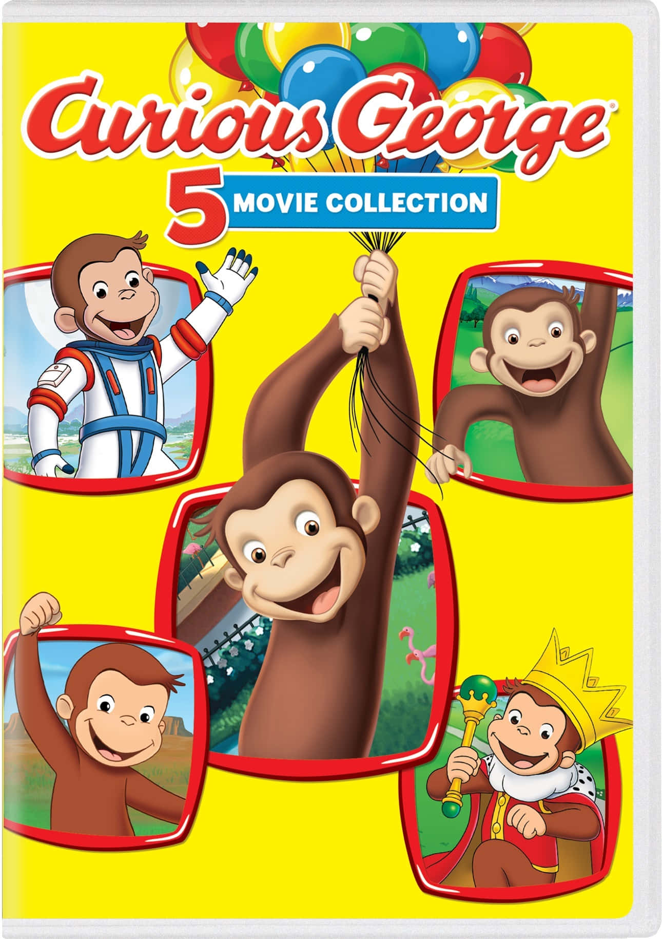 Curious George 桌布 壁紙 — 好奇的喬治開心地掛在氣球上，周圍是五個色彩繽紛的電影場景，背景是明亮的黃色。