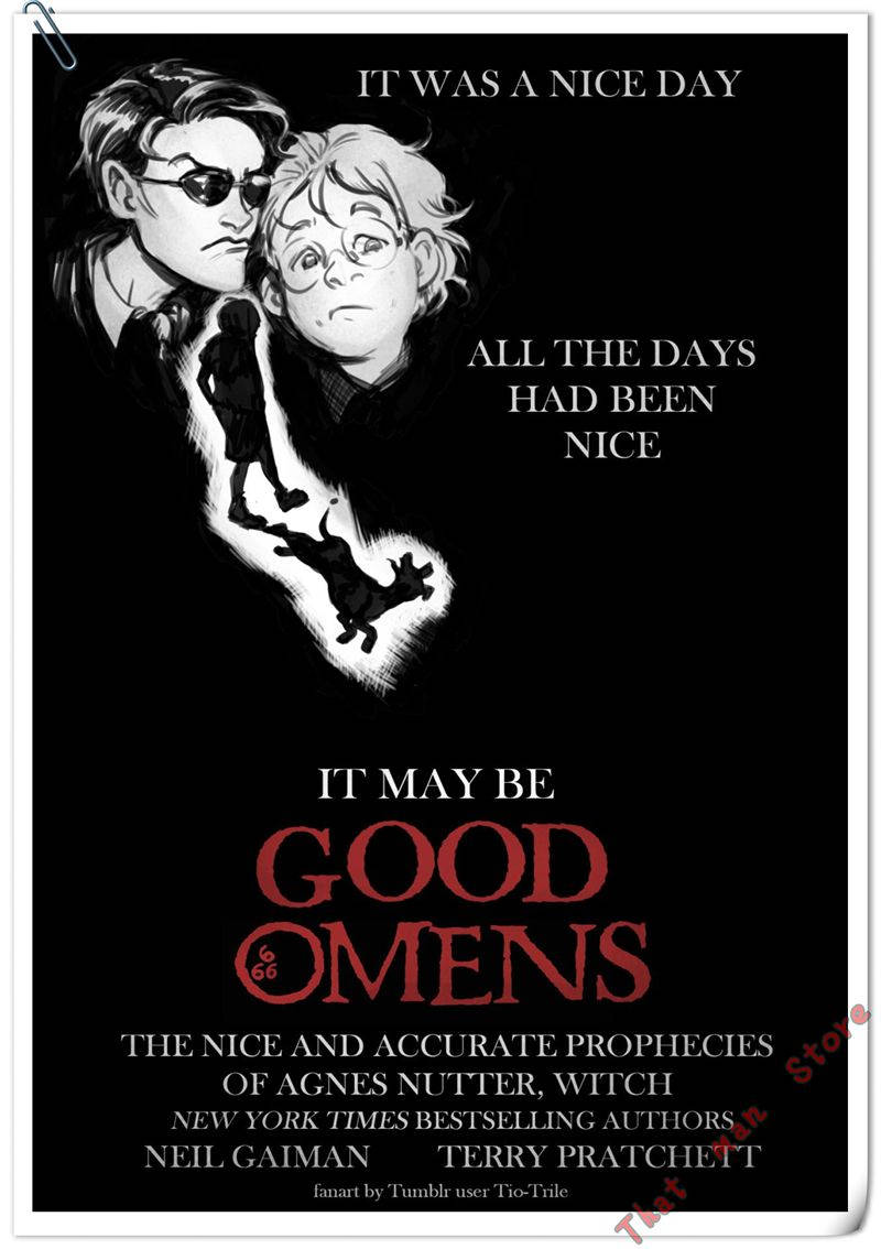 Good Omens 桌布 壁紙 — 《好預兆》的黑白插圖海報，包含兩個角色和文字疊加。