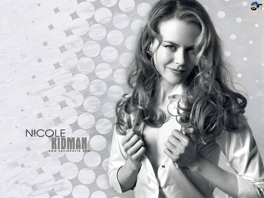 Nicole 桌布 壁紙 — 妮可基嫚在圖案單色背景下解開襯衫鈕扣，溫柔微笑。