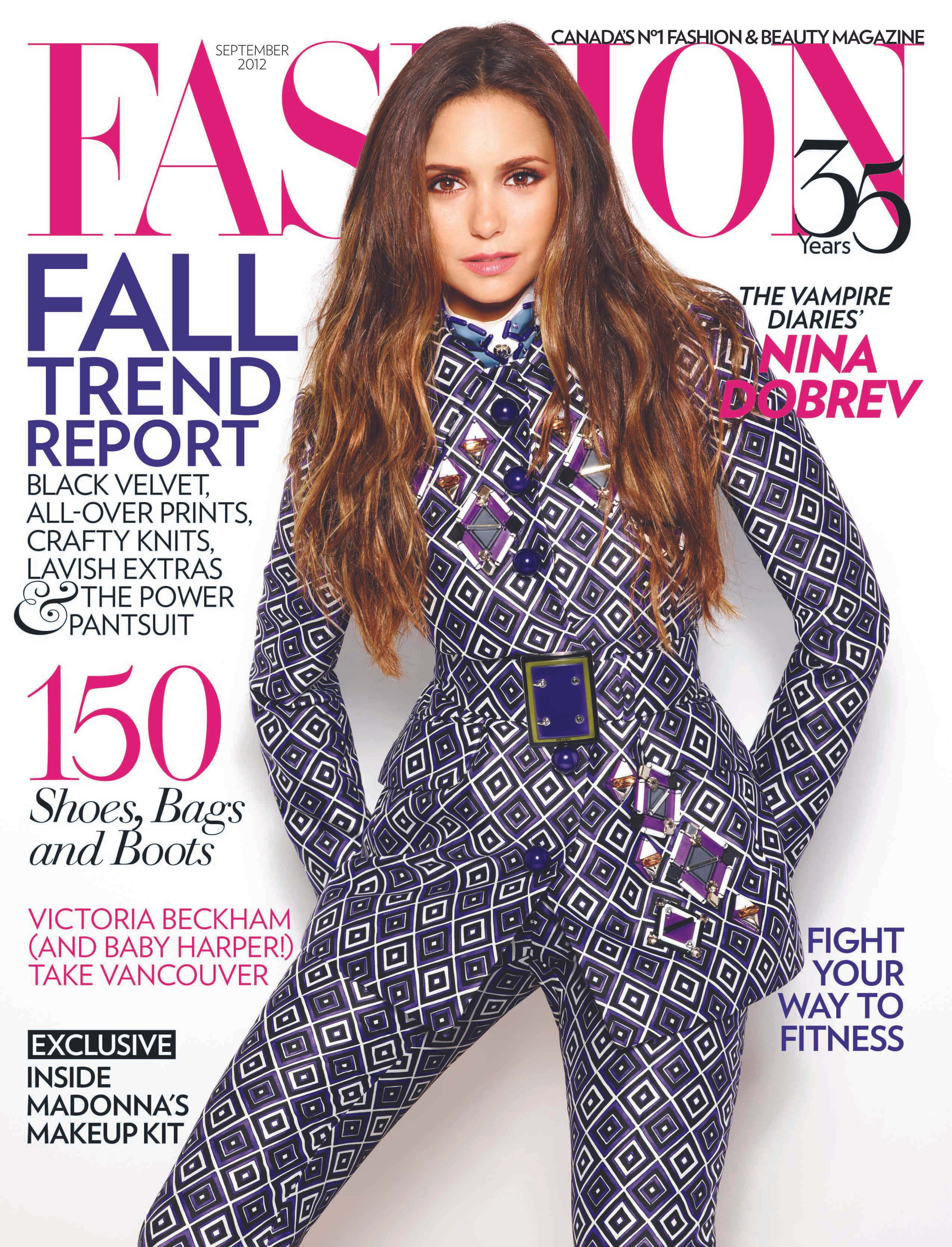 雜誌 桌布 壁紙 — 妮娜·杜波夫在《Fashion》雜誌2012年9月號封面上，自信地穿著一件大膽的幾何圖案連身褲。