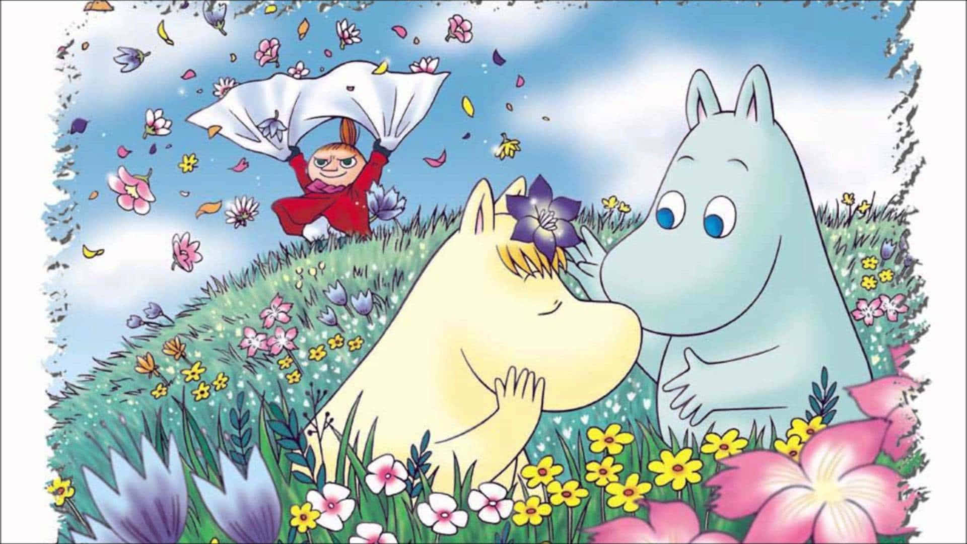 藝術 桌布 壁紙 — 姆明角色在充滿活力的草地上快樂地玩耍，草地上滿是色彩繽紛的花朵和飄落的花瓣，頭頂是明亮的藍天。