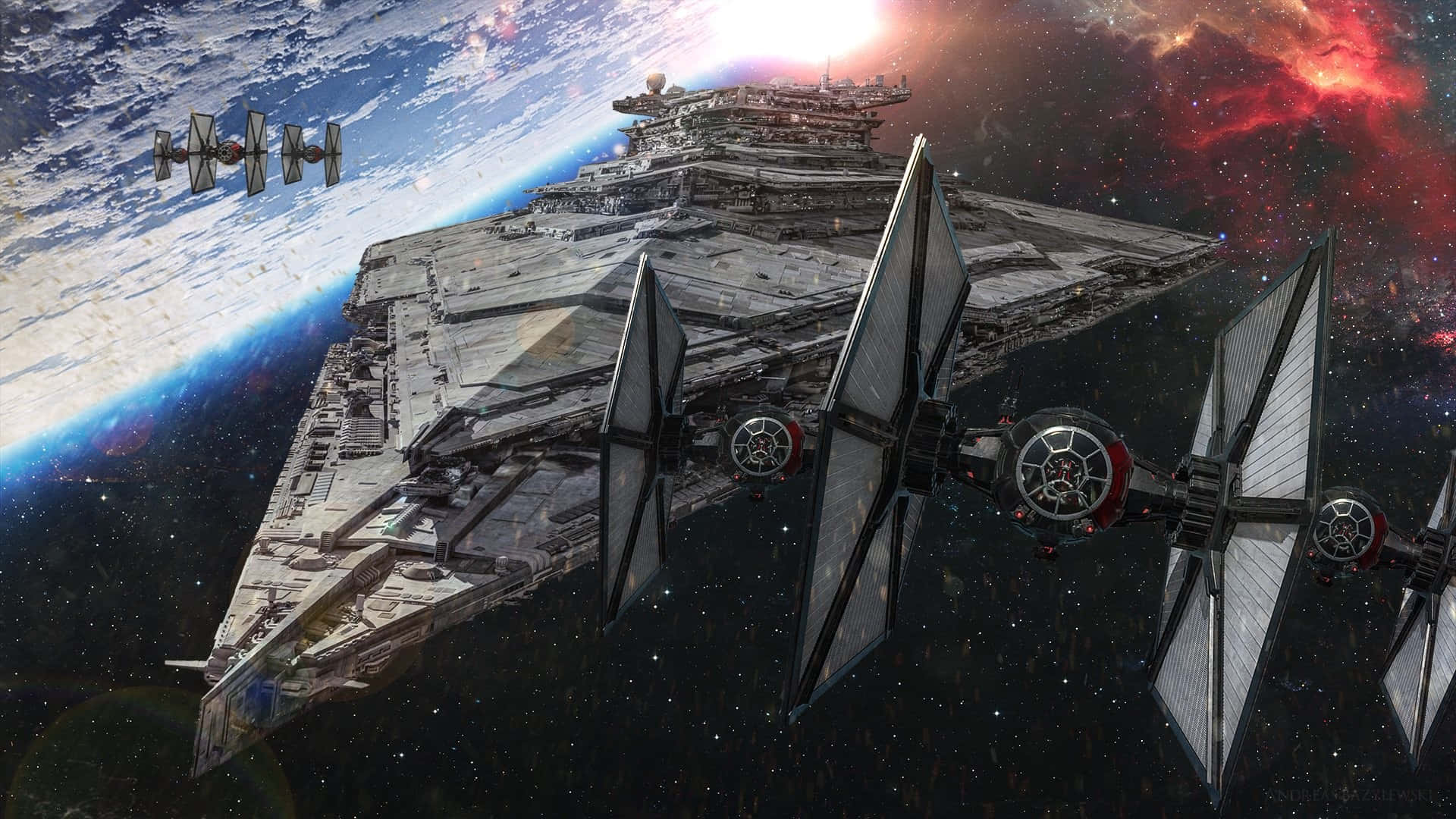 Star Wars Space 桌布 壁紙 — 威嚴的星際驅逐艦和TIE戰鬥機在星空翱翔，下方是藍色行星，遠處紅色星雲閃耀。