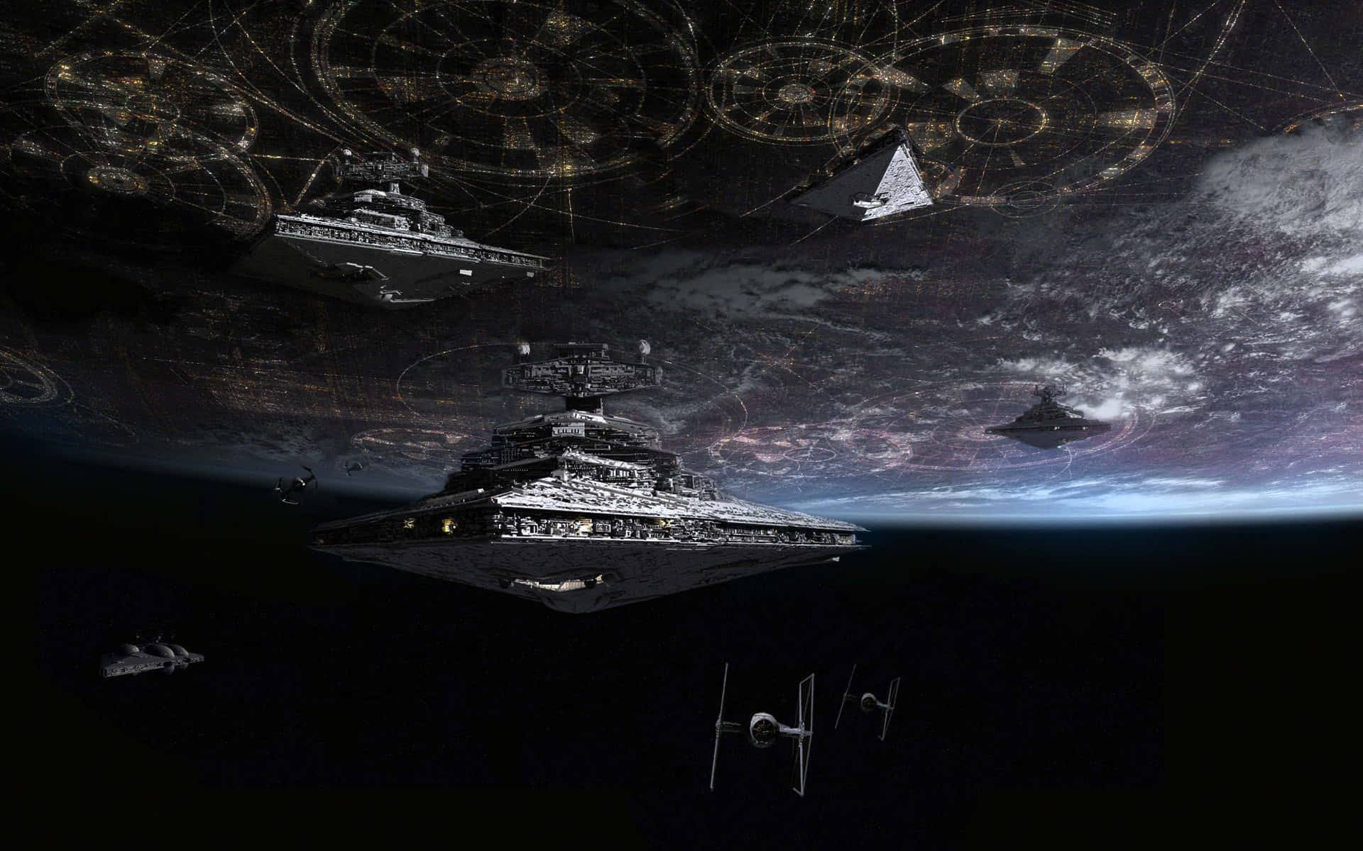 Imperial Army 桌布 壁紙 — 威嚴的星際驅逐艦和TIE戰鬥機在充滿發光星圖的宇宙天空下，翱翔於行星之上。