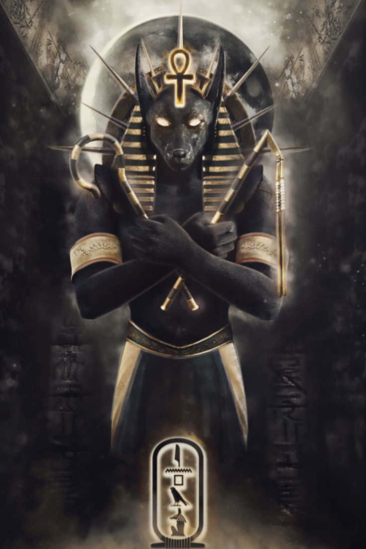 Egyptian Gods 桌布 壁紙 — 威嚴的阿努比斯站在黑暗的神殿中，在發光的月亮下手持金色權杖。