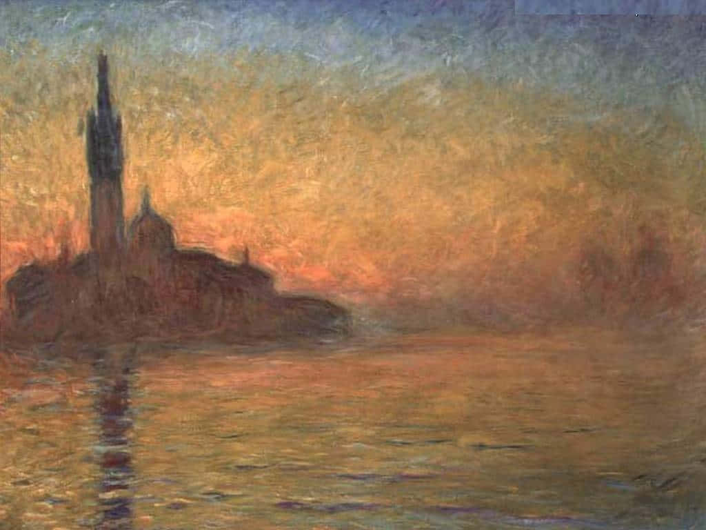 Impressionism 桌布 壁紙 — 威尼斯島上寧靜的日落，教堂尖塔倒映在金黃色的水面上。