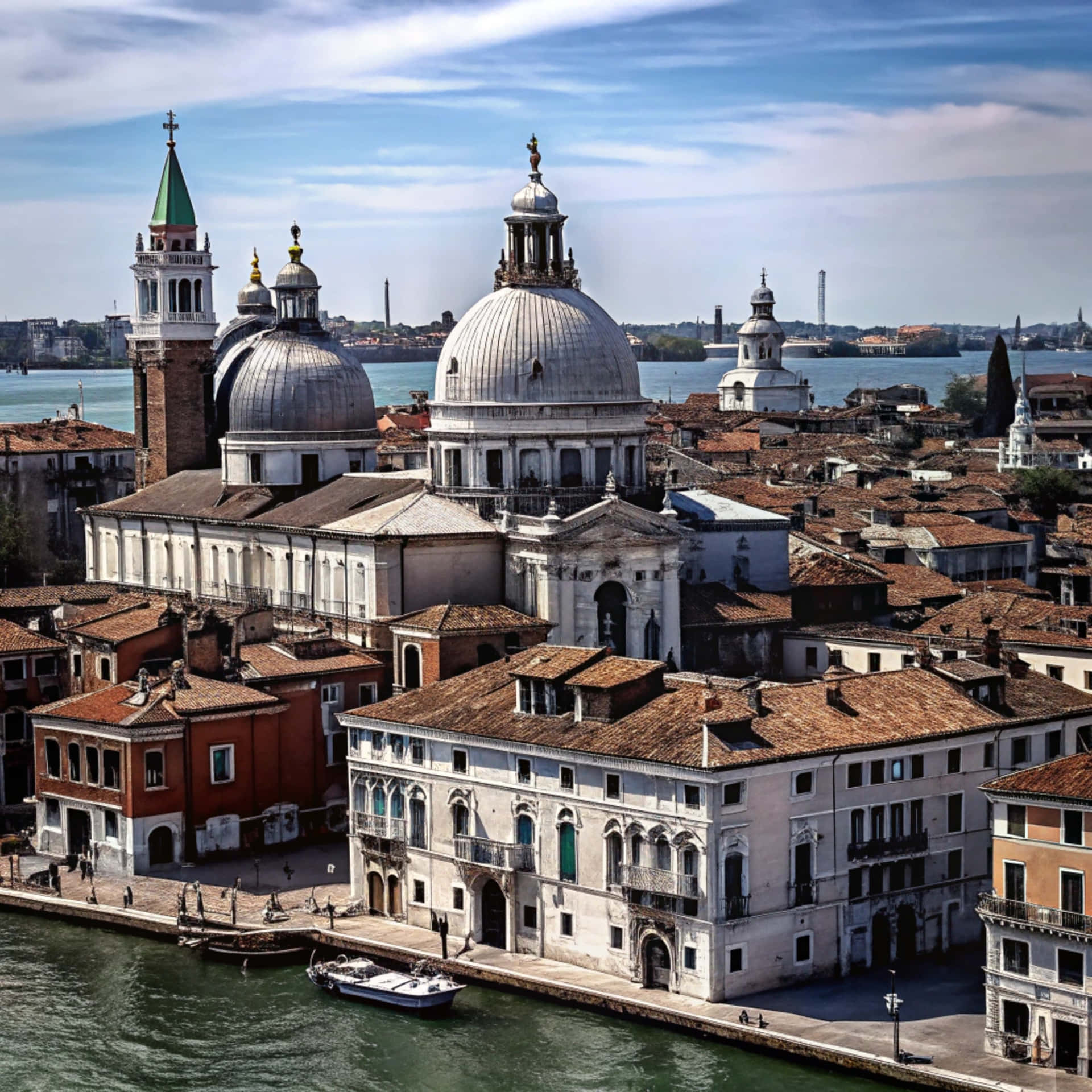 Venice Skyline 壁紙 — 威尼斯的空拍景觀，展示了圓頂教堂、陶土屋頂以及一條有小船的運河，天空局部多雲。