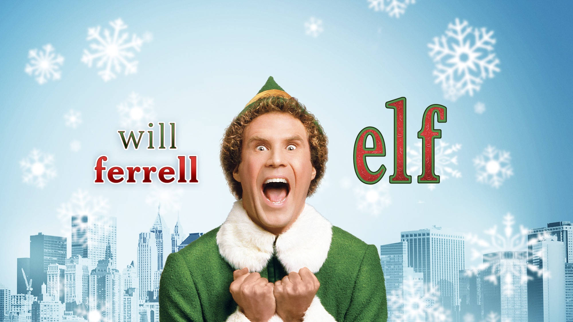 will ferrell 桌布 壁紙 — 威爾·法洛飾演一個喜出望外的小精靈，身穿綠色套裝，背景是白雪皚皚的城市天際線，雪花飄落。