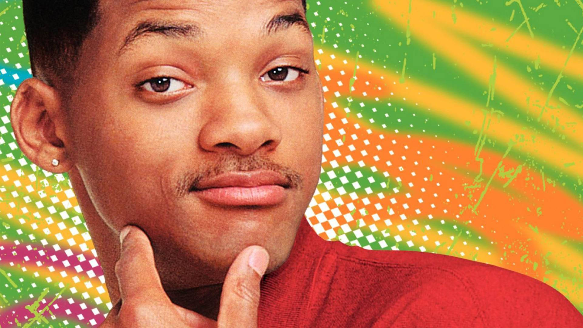fresh prince 桌布 壁紙 — 威爾史密斯身穿紅色襯衫，在充滿活力的普普藝術背景前沉思擺姿勢，背景有鮮明的幾何圖案和明亮色彩。