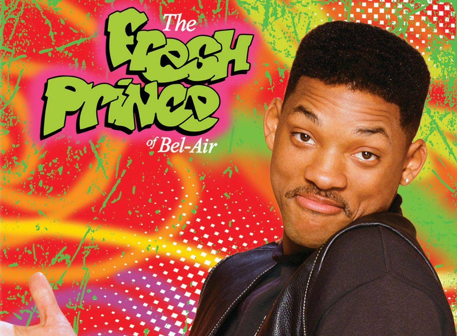fresh prince 桌布 壁紙 — 威爾史密斯身穿黑色皮夾克，在充滿活力的塗鴉風格背景前自信地擺姿勢，背景帶有鮮豔的霓虹色彩和漫畫半色調圖案。