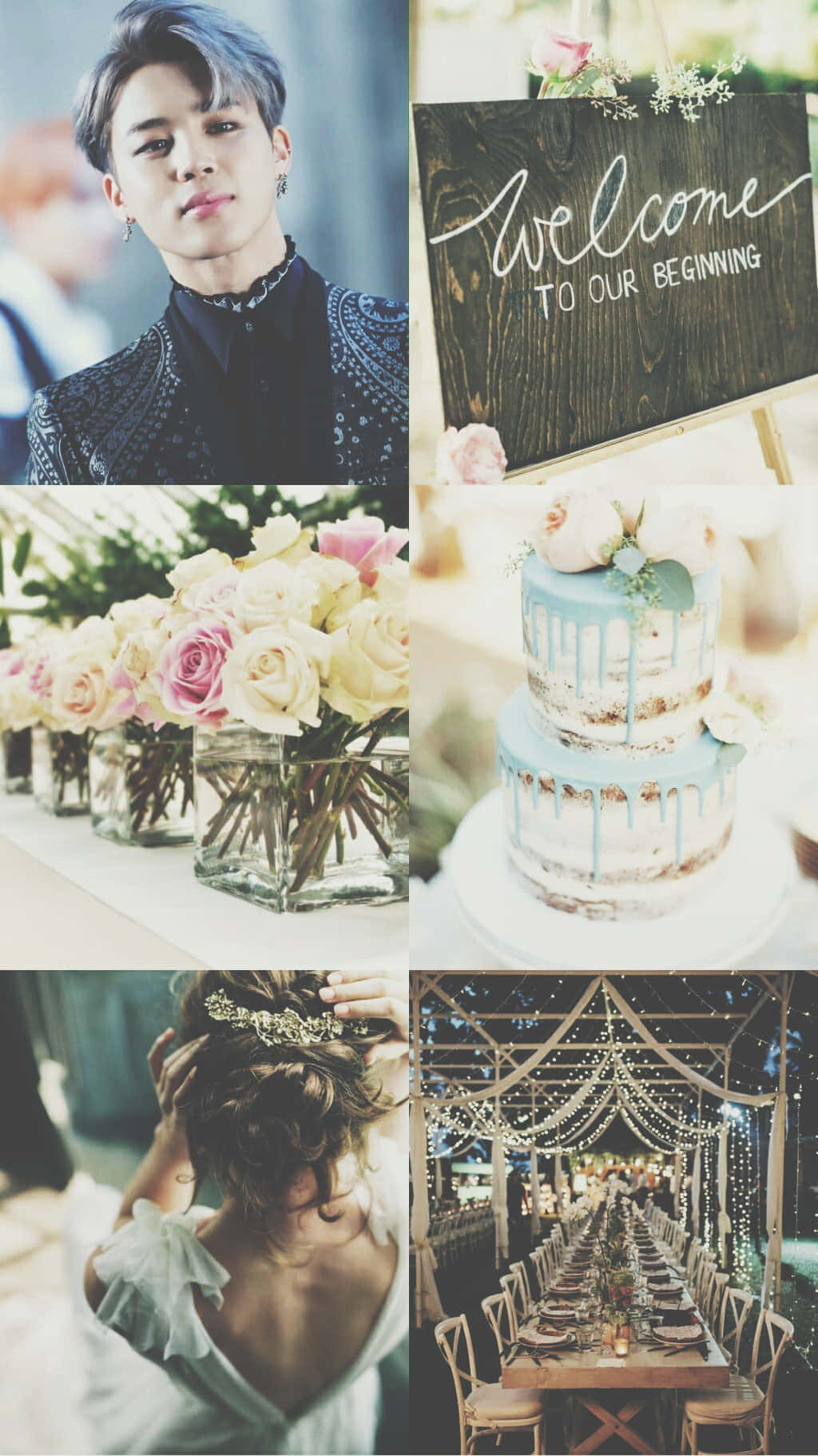 Jimin Aesthetic 桌布 壁紙 — 婚禮時刻的拼貼畫：新郎、花卉佈置、蛋糕、新娘的背影和裝飾過的宴會廳。