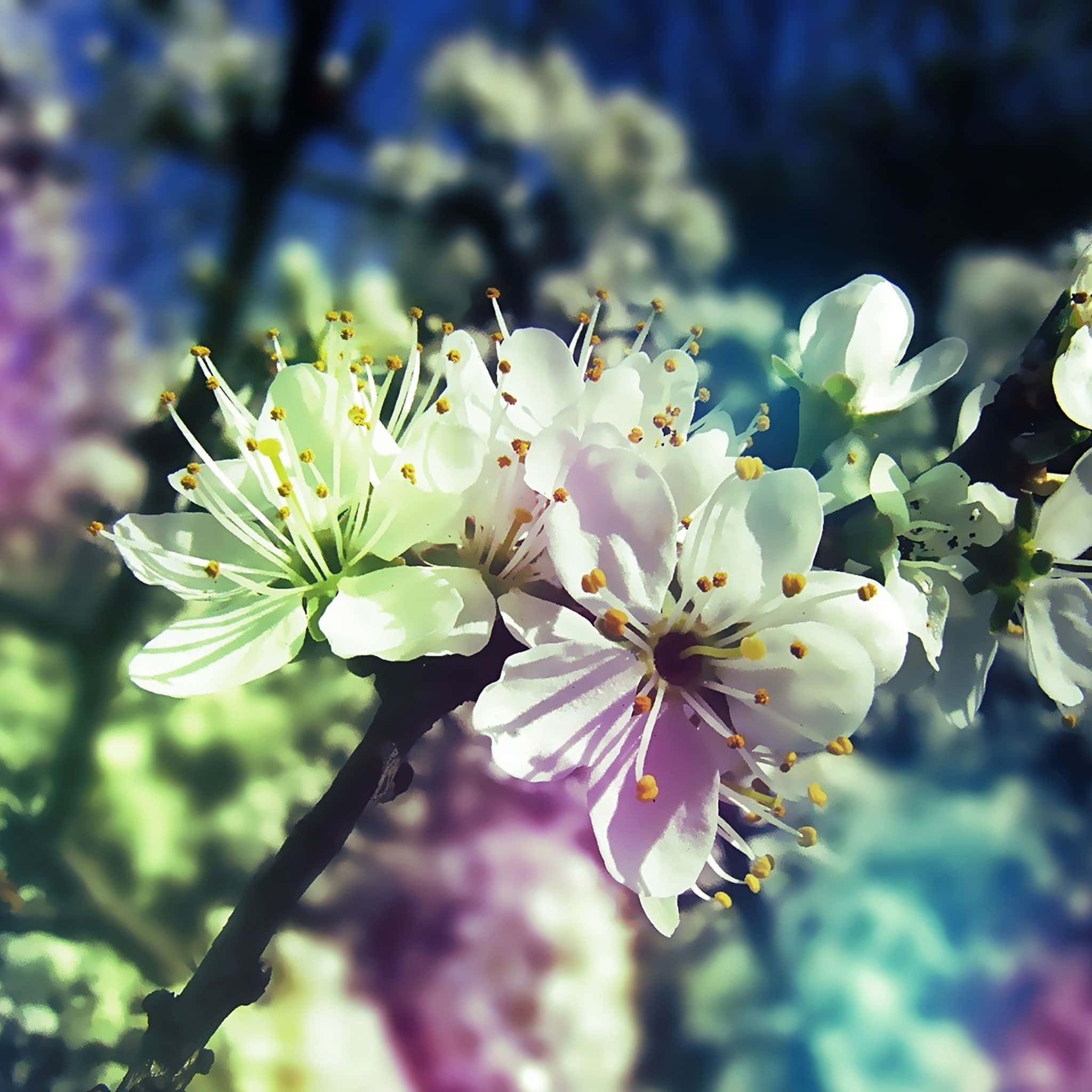 Spring Laptop 桌布 壁紙 — 嬌嫩白色和粉紅色花朵的特寫，黃色雄蕊在鮮豔的藍色和綠色模糊背景下閃耀。