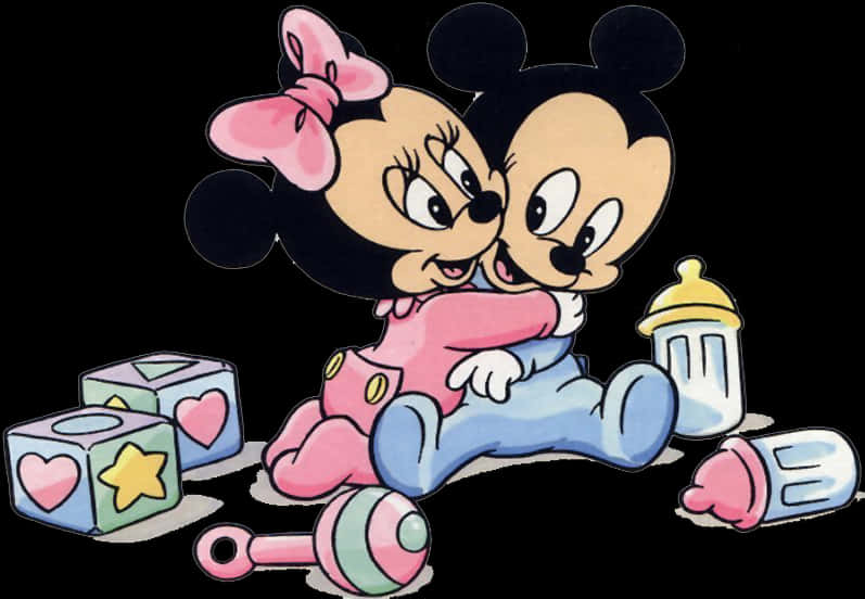 Mickey 桌布 壁紙 — 嬰兒米奇和米妮在黑色背景前被色彩繽紛的玩具包圍，緊緊擁抱。