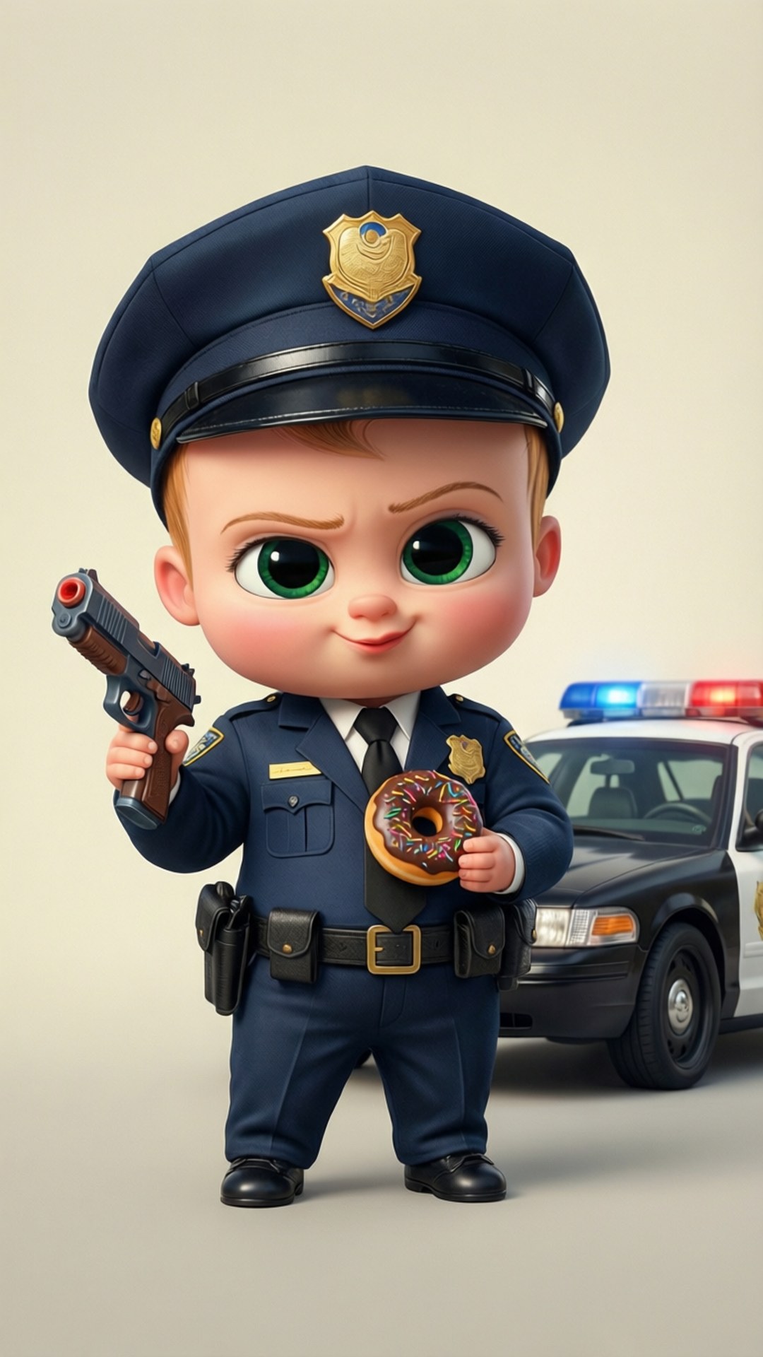 嬰兒警察 壁紙 — 一個可愛的卡通嬰兒警察，拿著玩具槍和一個巧克力碎甜甜圈，後面有一輛警車。