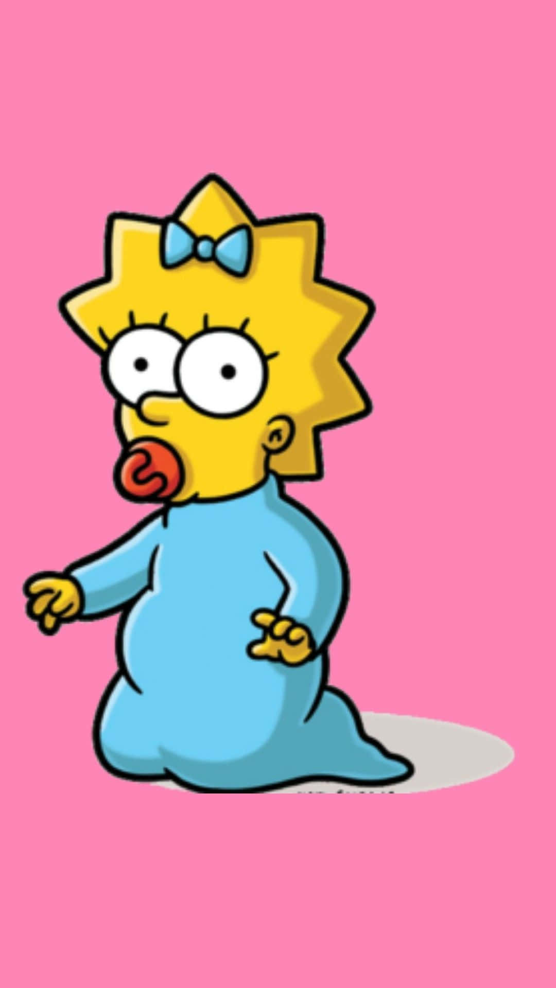 Simpsons Aesthetic 桌布 壁紙 — 嬰兒麗莎·辛普森穿著藍色連體衣，帶著奶嘴和藍色蝴蝶結，背景為粉紅色。