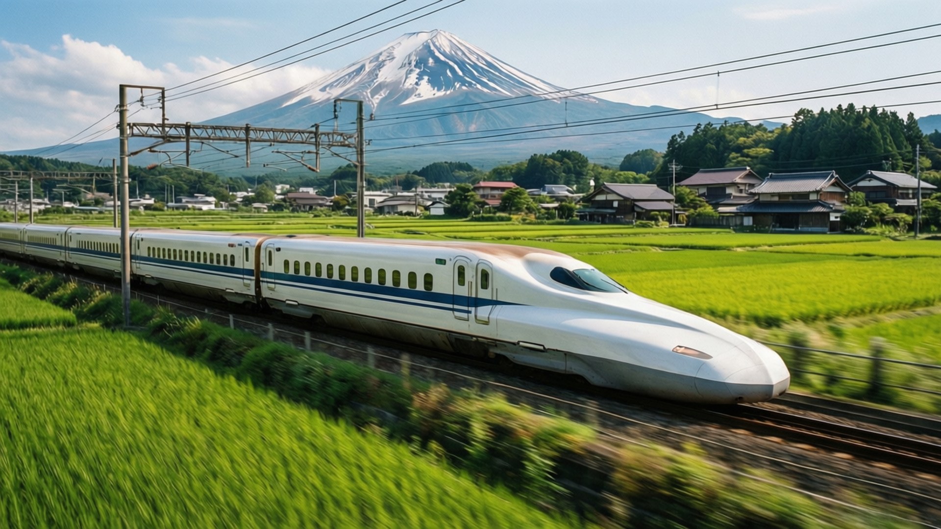 子彈列車之旅 壁紙 — 一列流線型白色子彈列車在翠綠稻田中疾馳，背景是白雪覆蓋的富士山，在湛藍天空下巍峨聳立。