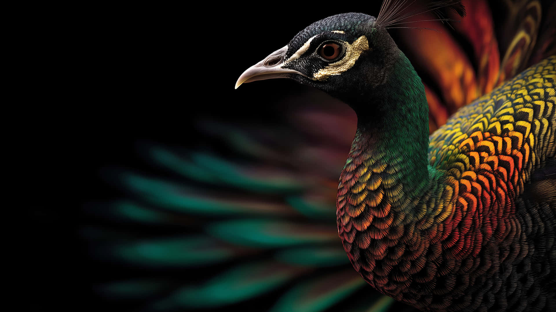 Close-up of a Dark Peacock with Richly Patterned Neck 壁紙 — 孔雀頭部和頸部的特寫，展示出在黑色背景上閃爍著綠色、金色和紅色的羽毛。