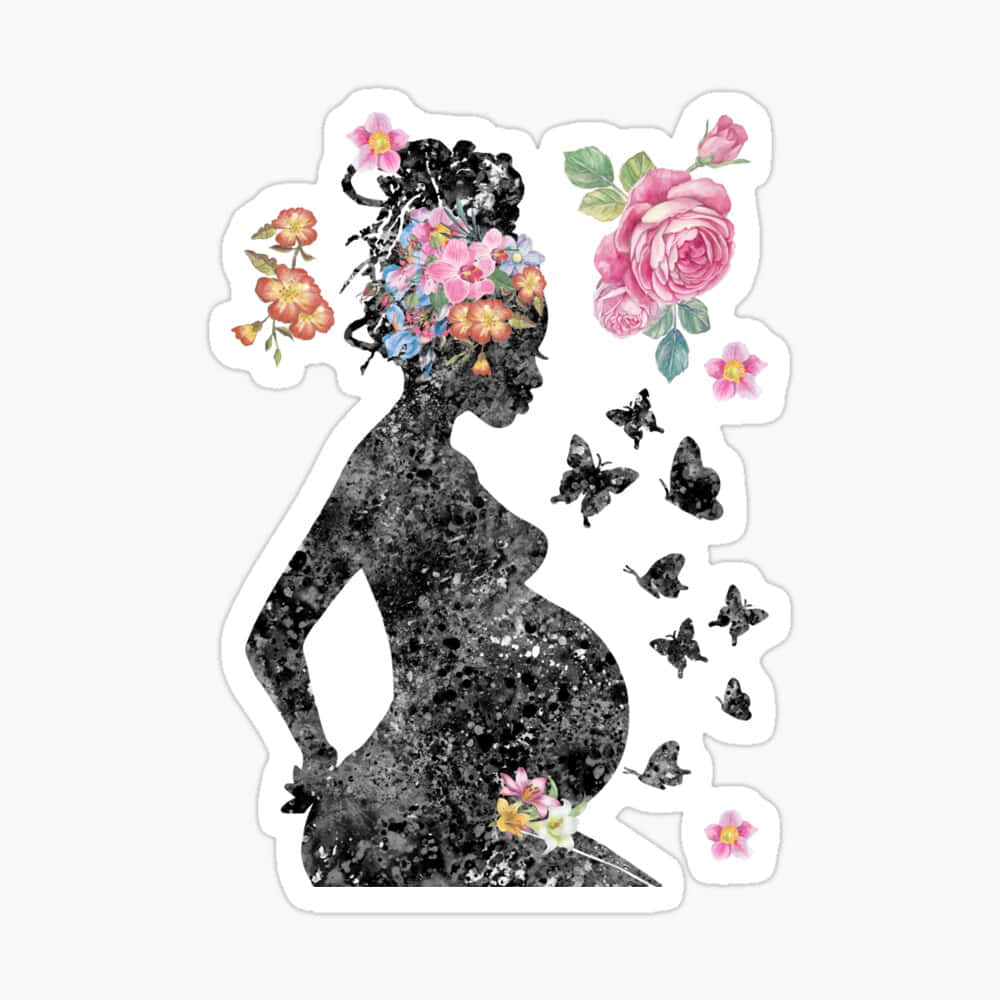 Pregnant 桌布 壁紙 — 孕婦剪影，以鮮花和翩翩起舞的蝴蝶點綴，水彩風格。