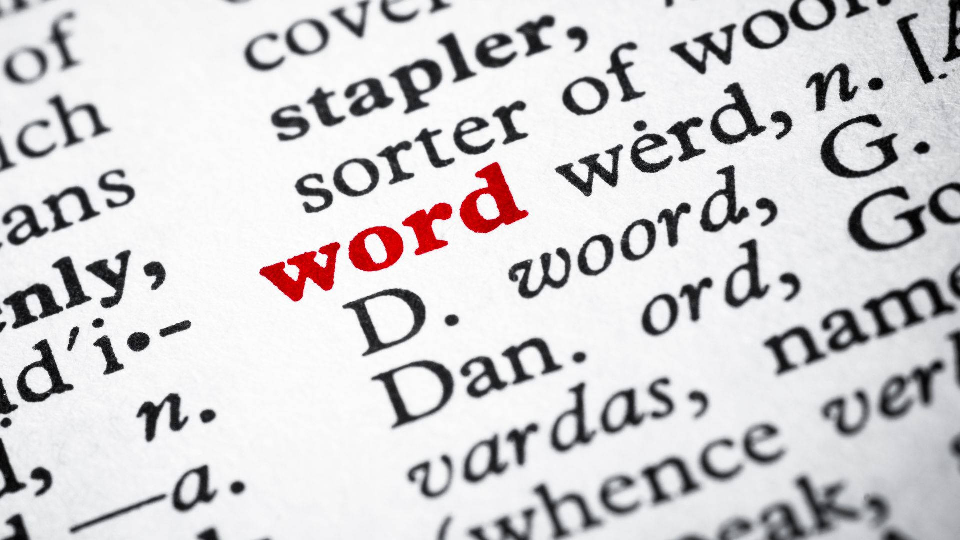 紅色動圖 桌布 壁紙 — 字典頁面特寫，黑色文字中「word」一詞以紅色墨水凸顯。