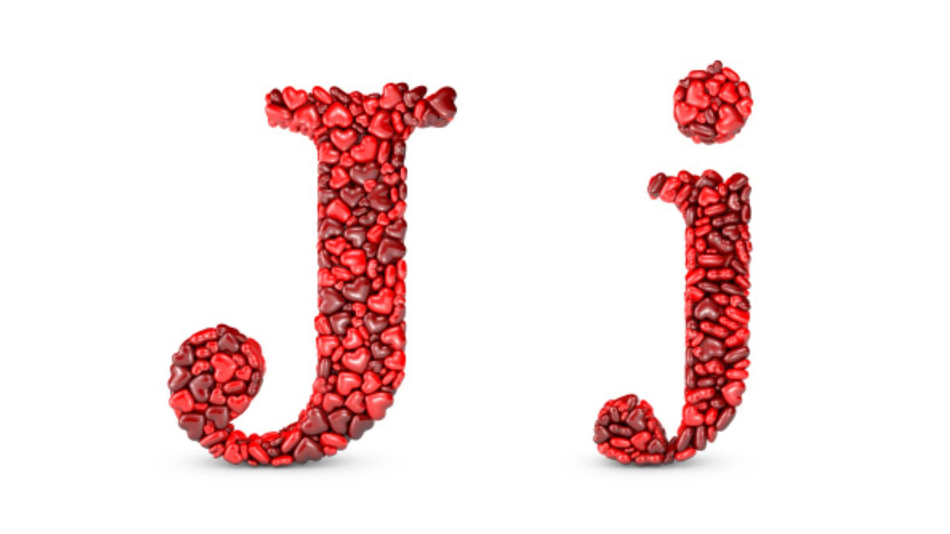 J 桌布 壁紙 — 字母 J 和 j 由紋理紅色心形石頭組成，背景為純白色。