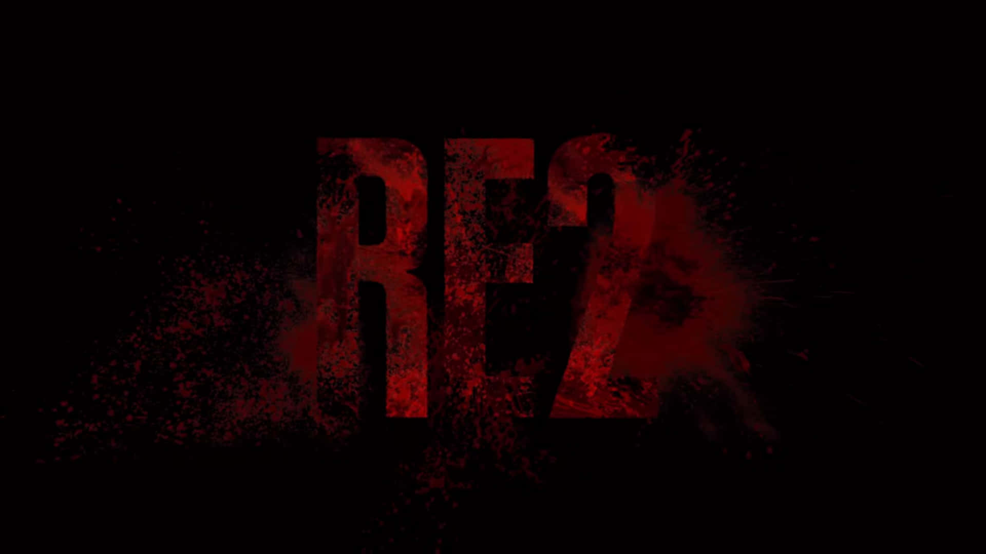 Resident Evil 2 桌布 壁紙 — 字母 RE2 以血紅色濺射字體顯示在黑色背景上。
