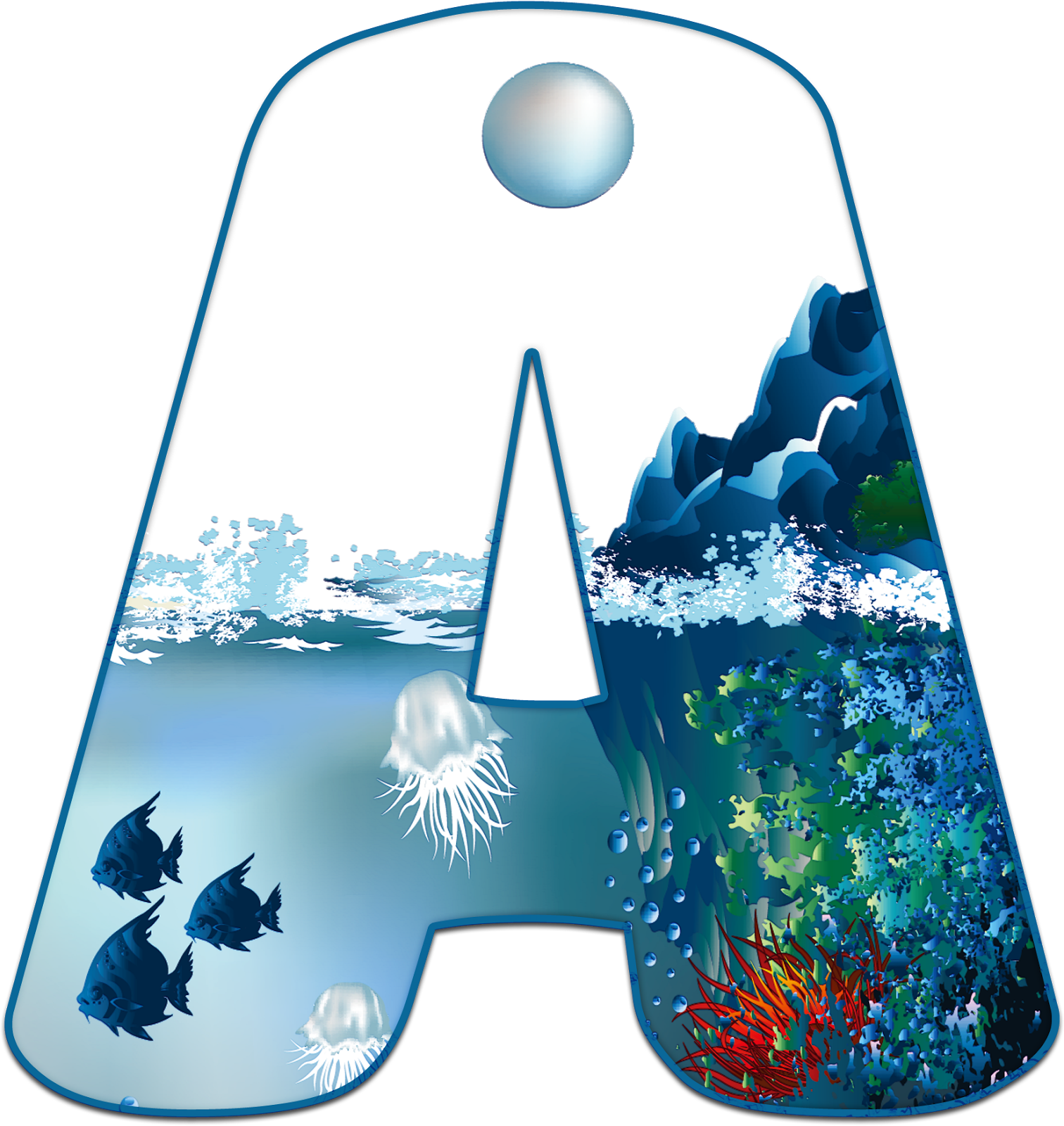 水下動畫 桌布 壁紙 — 字母A框住一個水下場景，有魚、水母、珊瑚和波浪上方的月亮。
