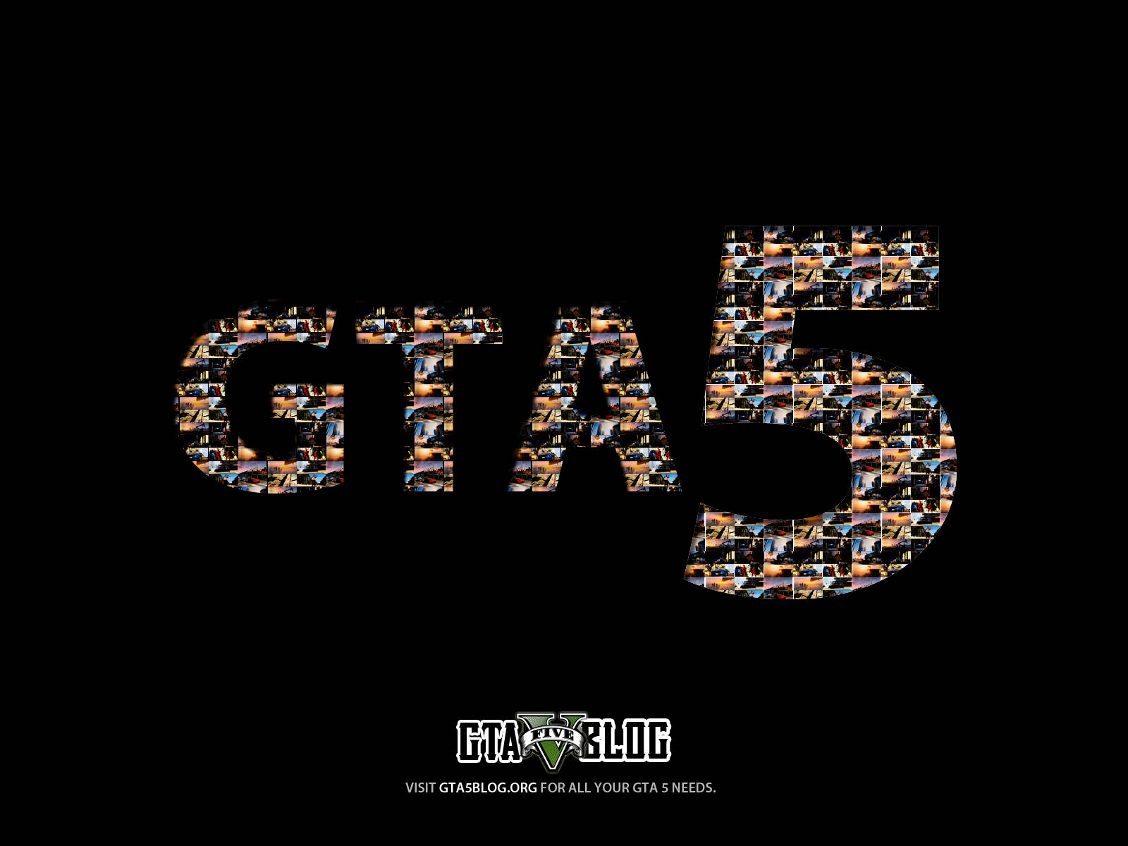 Gta 桌布 壁紙 — 字母GTA5在黑色背景上形成遊戲截圖的馬賽克，下方有GTA V部落格標誌。