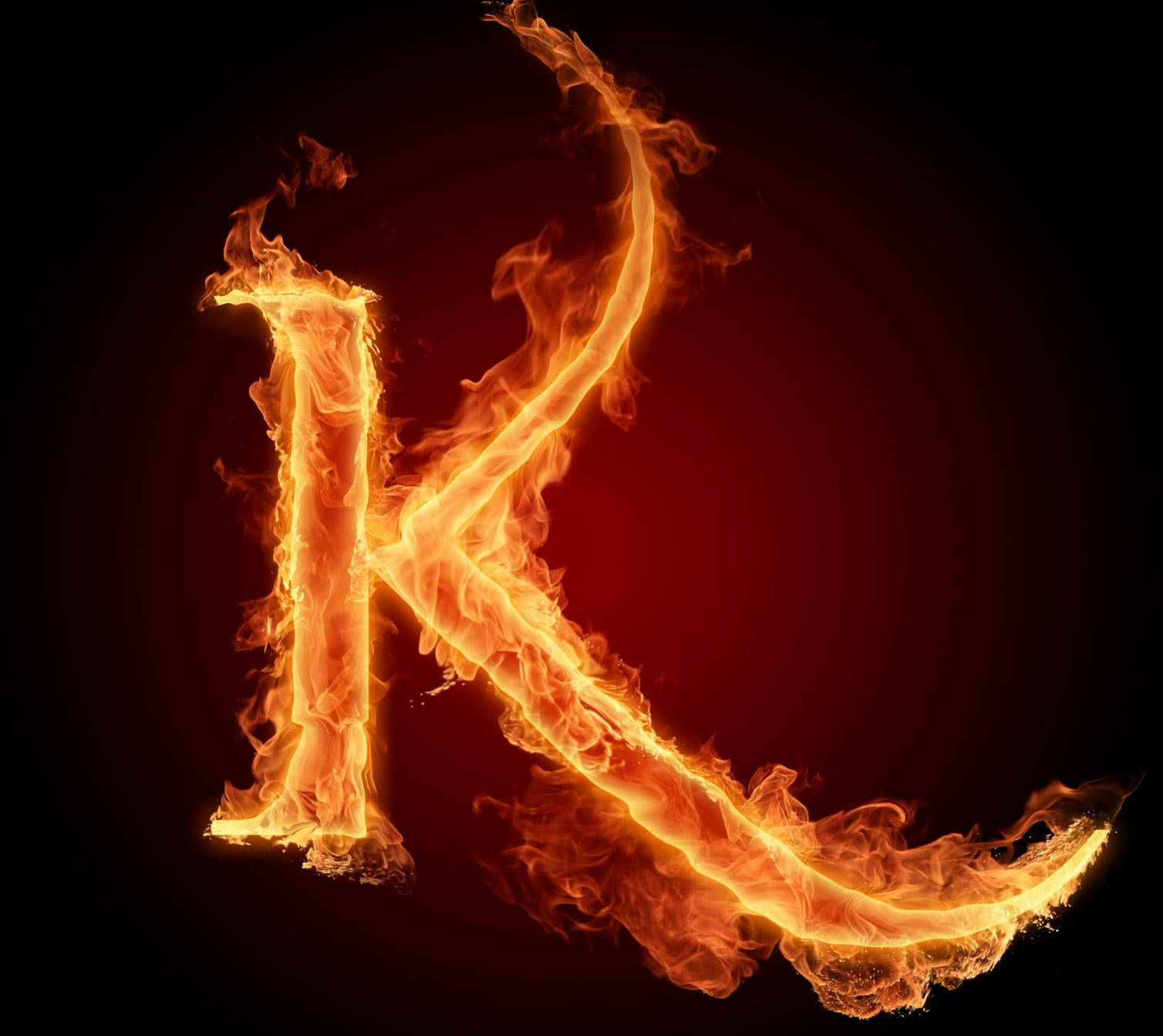 一個在深紅色背景下發光的火焰字母K。 — 字母K動圖 壁紙