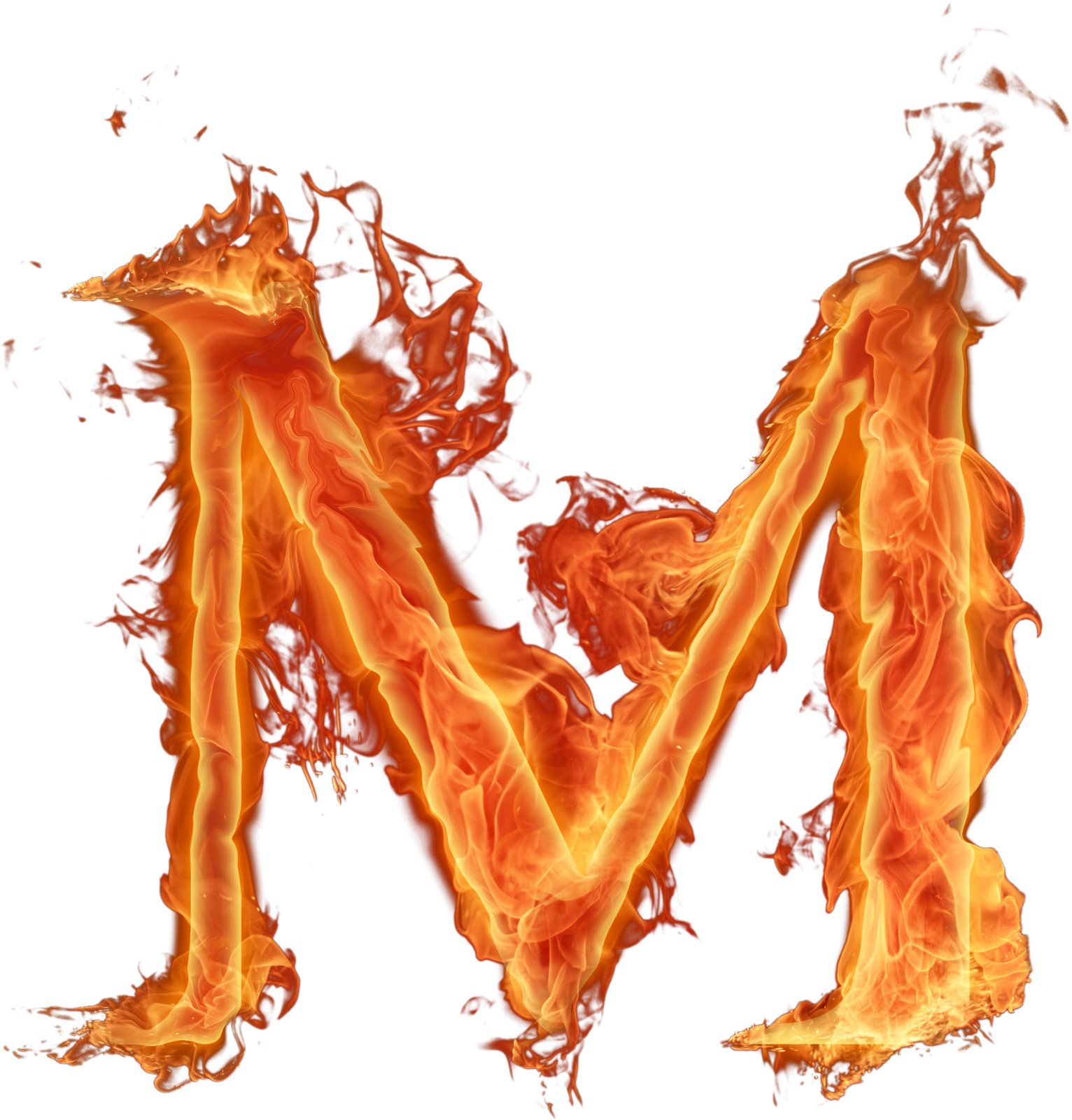 字母M 桌布 壁紙 — 字母M在純黑色背景上，以動態的橙色火焰生動地燃燒。