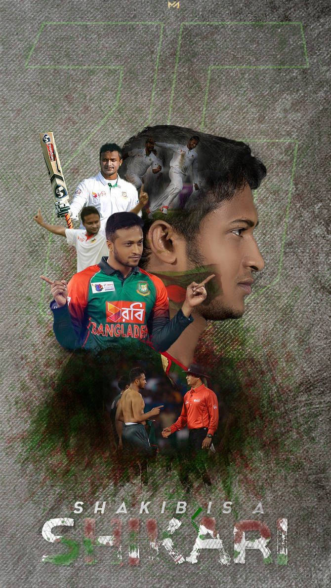 Shakib Al Hasan 桌布 壁紙 — 孟加拉國板球運動員 Shakib Al Hasan 在各種比賽時刻的動態拼貼畫，背景為紋理灰色，帶有粗體文字。