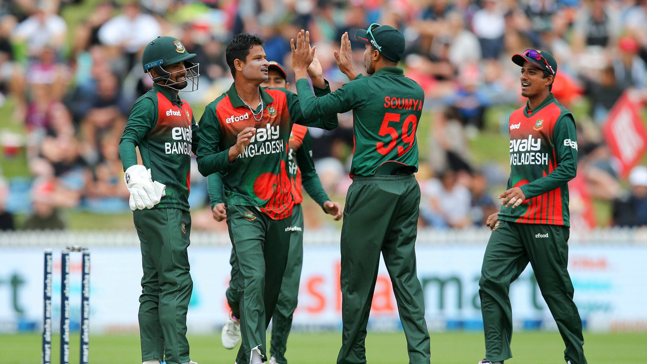 Bangladesh Cricket 桌布 壁紙 — 孟加拉國板球運動員在陽光明媚的綠色球場上慶祝一個三柱門，背景有歡呼的球迷。