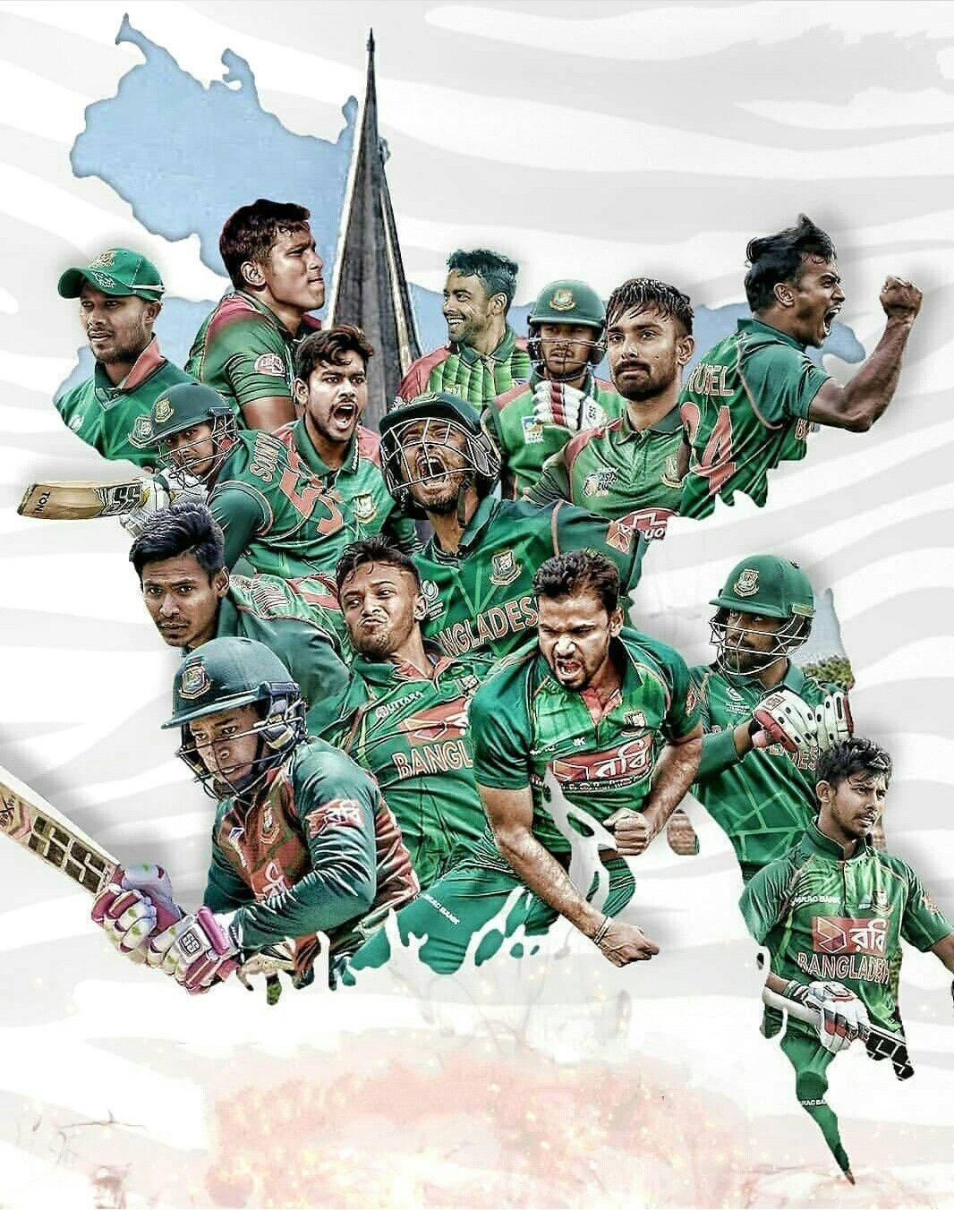 Bangladesh Cricket 桌布 壁紙 — 孟加拉國板球運動員身穿綠色球衣，在飄揚的旗幟背景下熱情慶祝的動態拼貼畫。