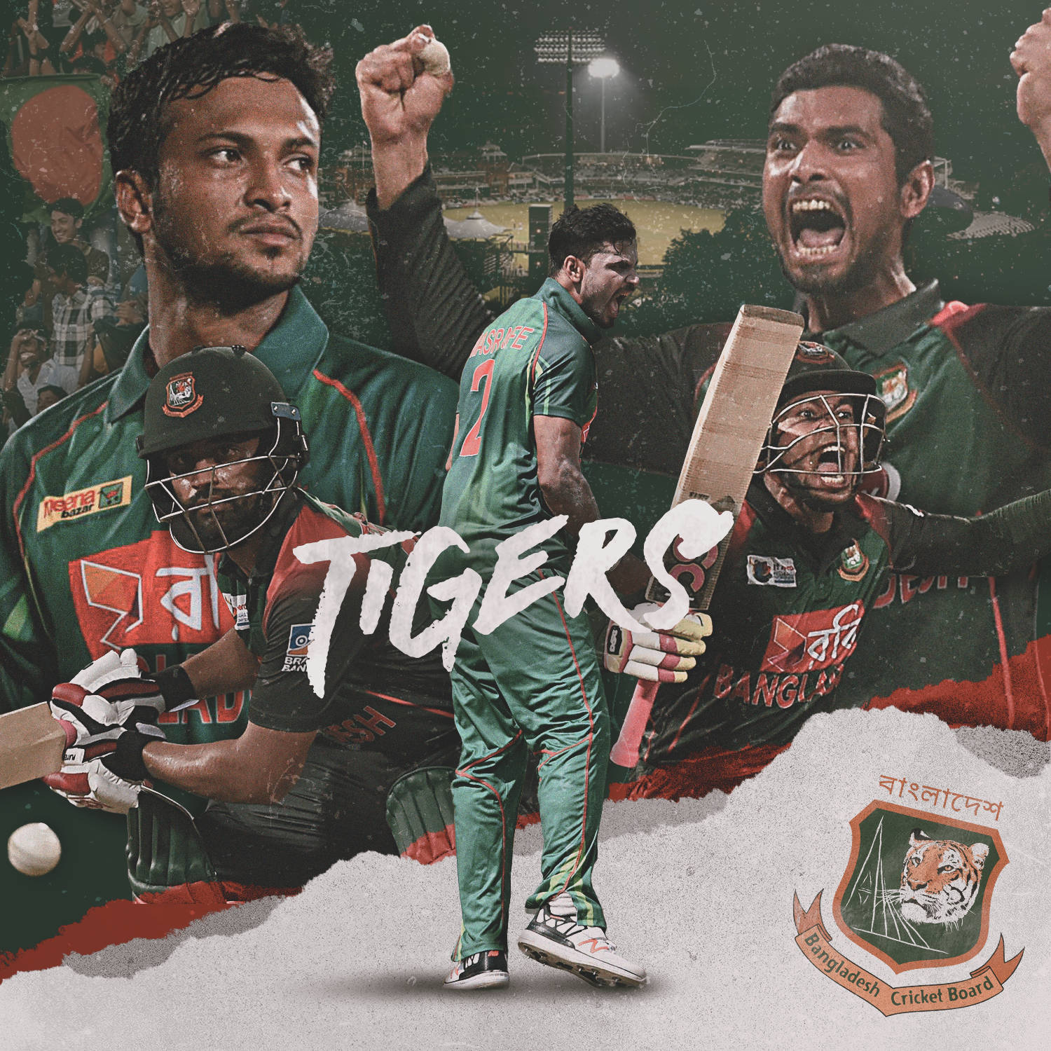 Bangladesh Cricket 桌布 壁紙 — 孟加拉國板球隊球員身穿綠色制服，在明亮的燈光下於體育場上勝利慶祝。
