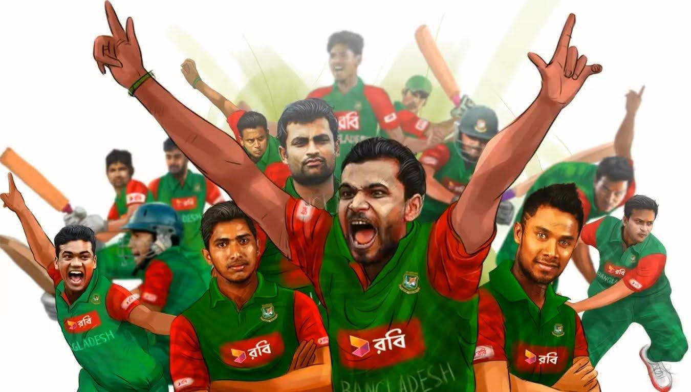 Bangladesh Cricket 桌布 壁紙 — 孟加拉國板球隊球員身穿綠色和紅色制服，高舉雙臂，面露喜悅，慶祝勝利。