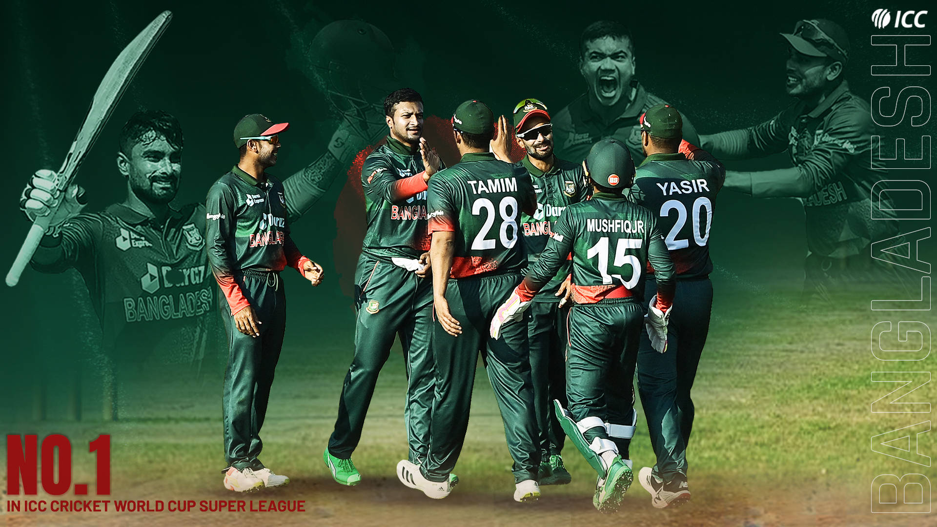Bangladesh Cricket 桌布 壁紙 — 孟加拉國板球隊身穿綠色球衣慶祝勝利，球員在草地上擁抱歡呼。