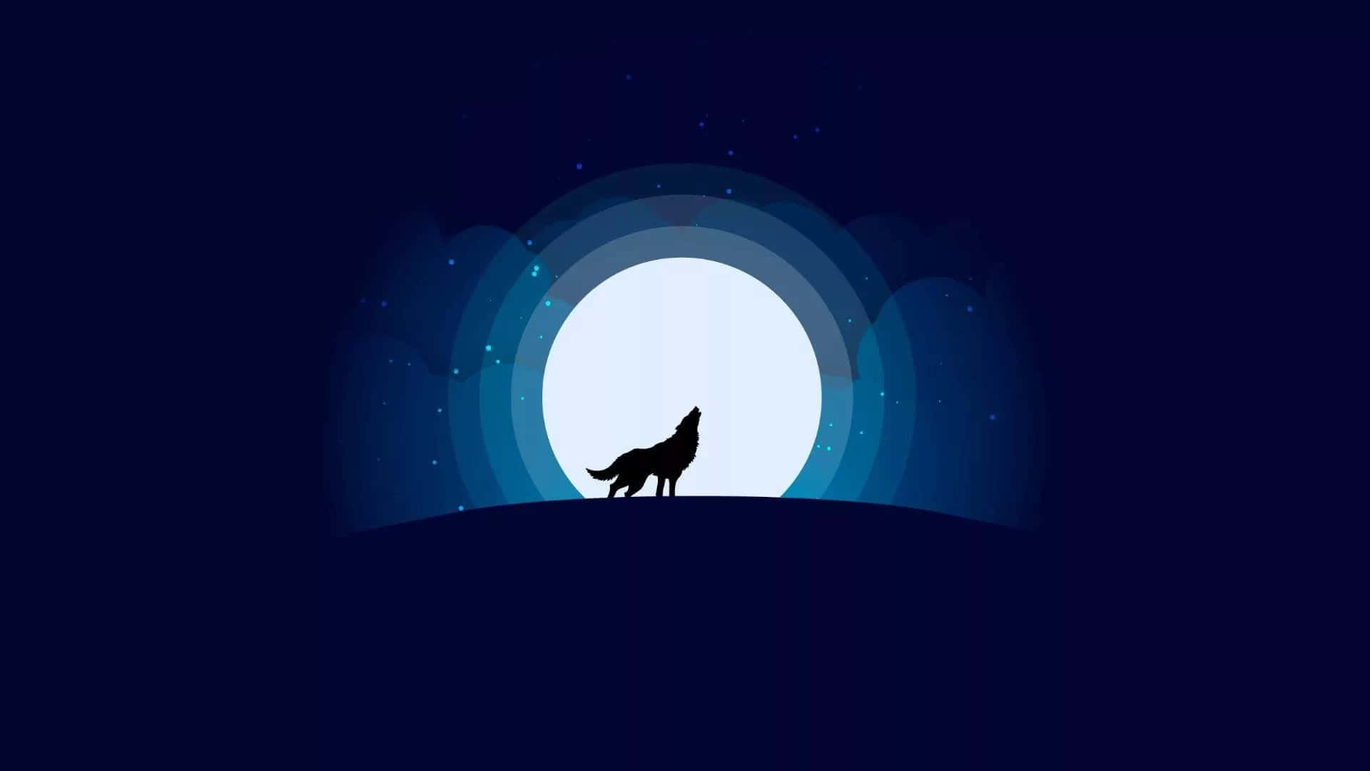 Minimalist Animal 桌布 壁紙 — 孤狼剪影在山丘上對著明亮的滿月和星空嚎叫。