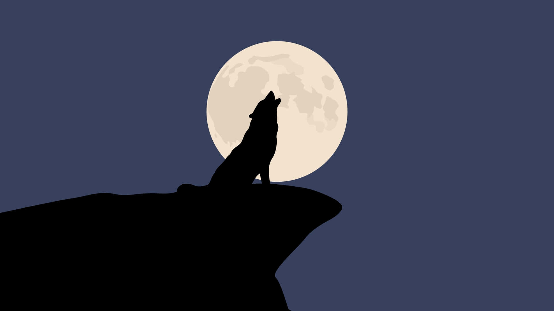 Howling Wolf 桌布 壁紙 — 孤狼剪影對著深藍夜空下黑暗懸崖上升起的滿月嚎叫。