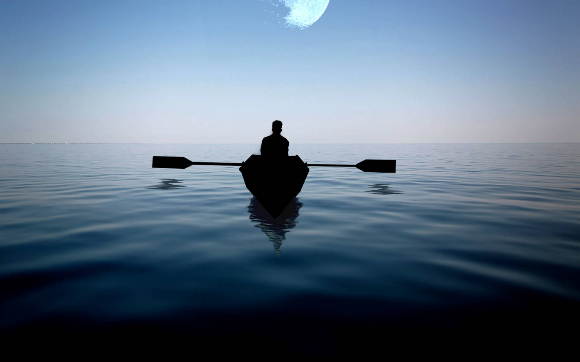 Alone 桌布 壁紙 — 孤獨划槳者在平靜水面上小船中的剪影，大月亮投下寧靜的倒影。