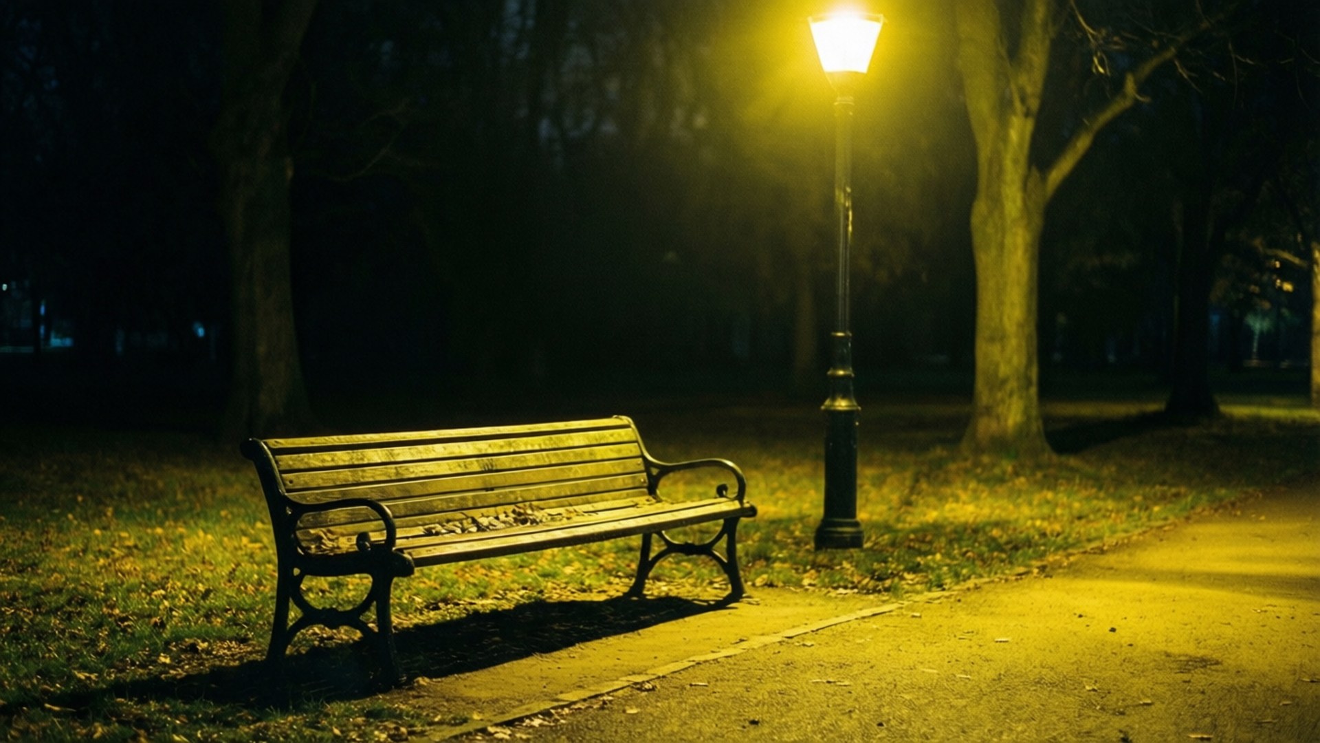 孤獨夜長椅 壁紙 — 一張孤獨的木凳在寧靜的秋夜公園中，沐浴在復古街燈溫暖的黃光下。