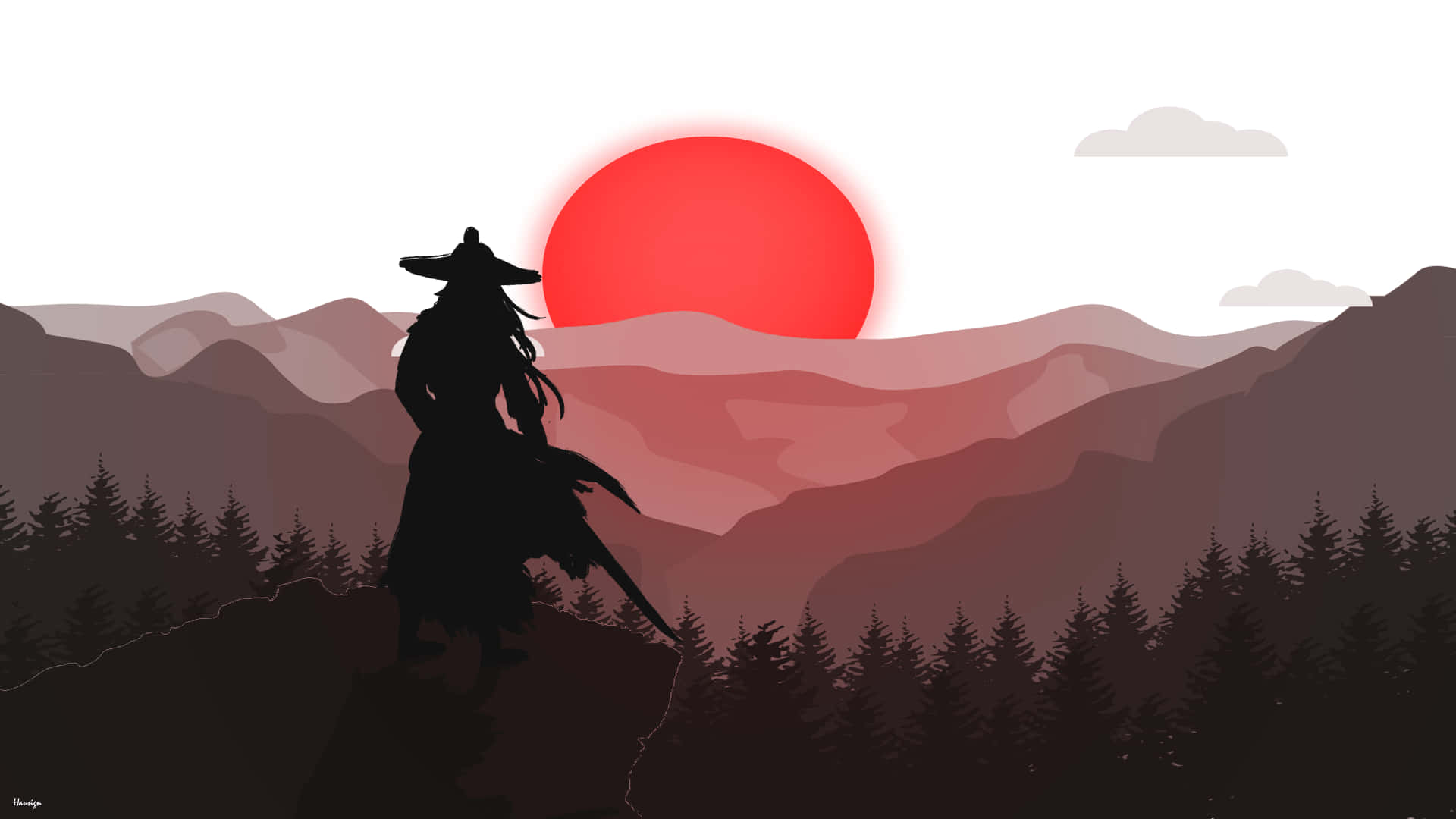 Red Japanese 桌布 壁紙 — 孤獨戰士手持劍的剪影站在懸崖頂上，背景是巨大的紅日落於層疊的山巒和松林之上。