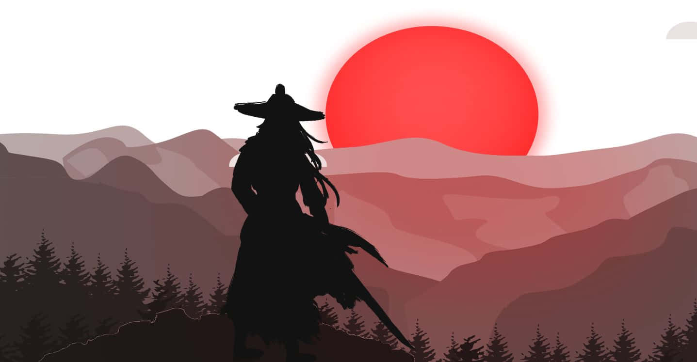Ronin 桌布 壁紙 — 孤獨戰士持劍站在山脊上，背景是巨大的紅色夕陽，落在層層紫色和粉紅色的山丘上。
