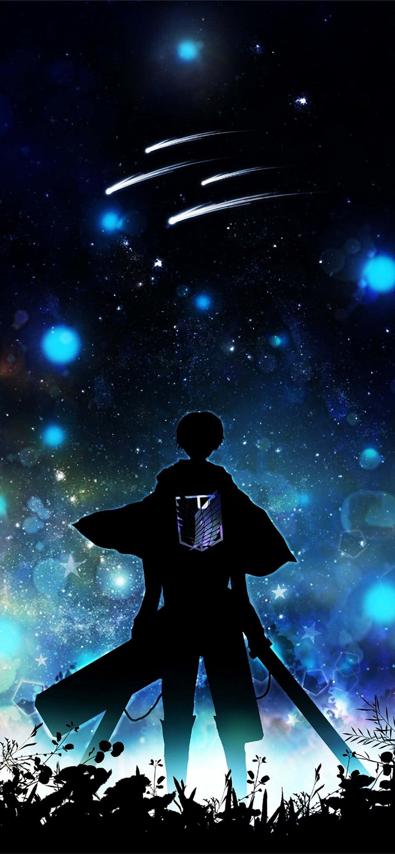 Cool Anime iPhone 桌布 壁紙 — 孤獨戰士的剪影手持劍，站在充滿發光藍色星星和流星劃過的鮮豔宇宙天空前。