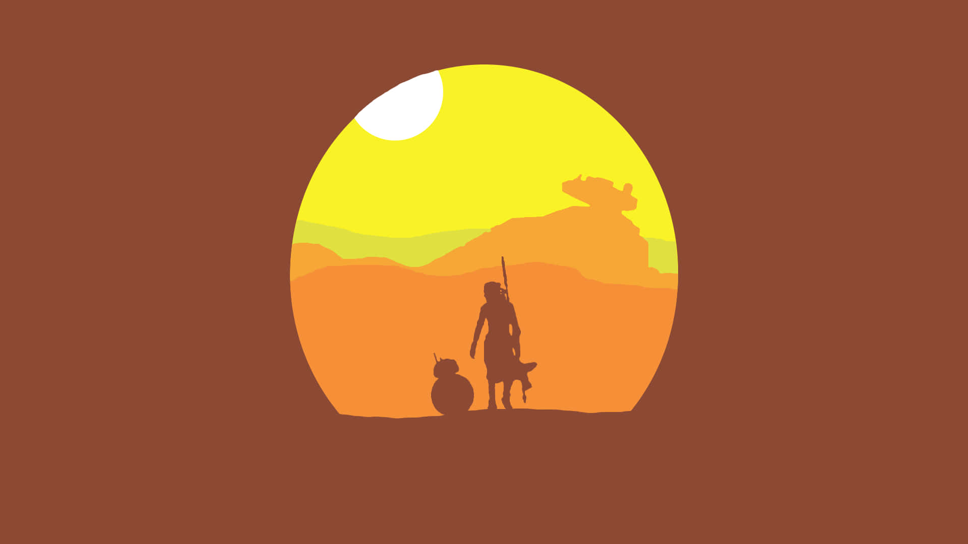 1920 X 1080 Minimalist 桌布 壁紙 — 孤獨的人物和機器人的剪影站在沙漠日落前，遠處有坦克的剪影。