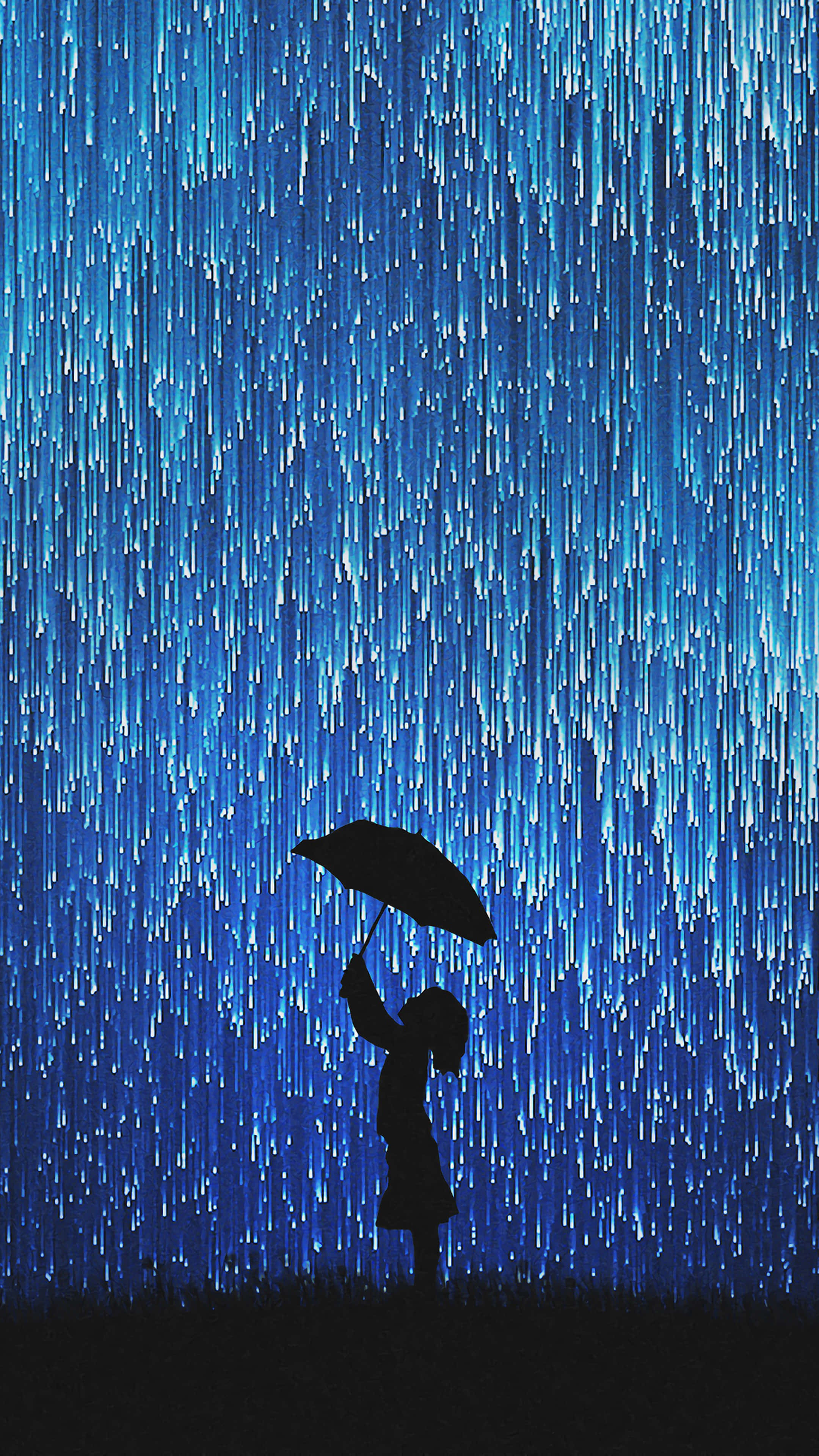 下雨 桌布 壁紙 — 孤獨的剪影在耀眼的垂直藍色光線瀑布下撐著傘。