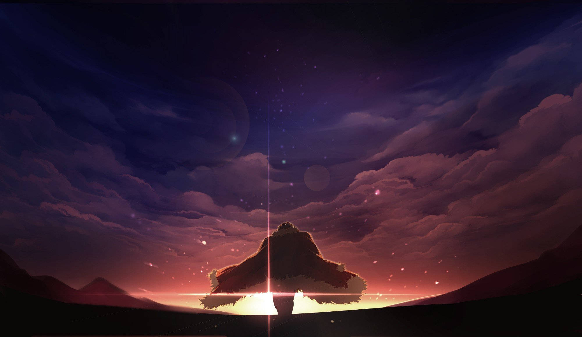 Fate Zero 桌布 壁紙 — 孤獨的山脈輪廓在日落時分發光，映襯著充滿星星和雲彩的戲劇性紫色和橙色天空。