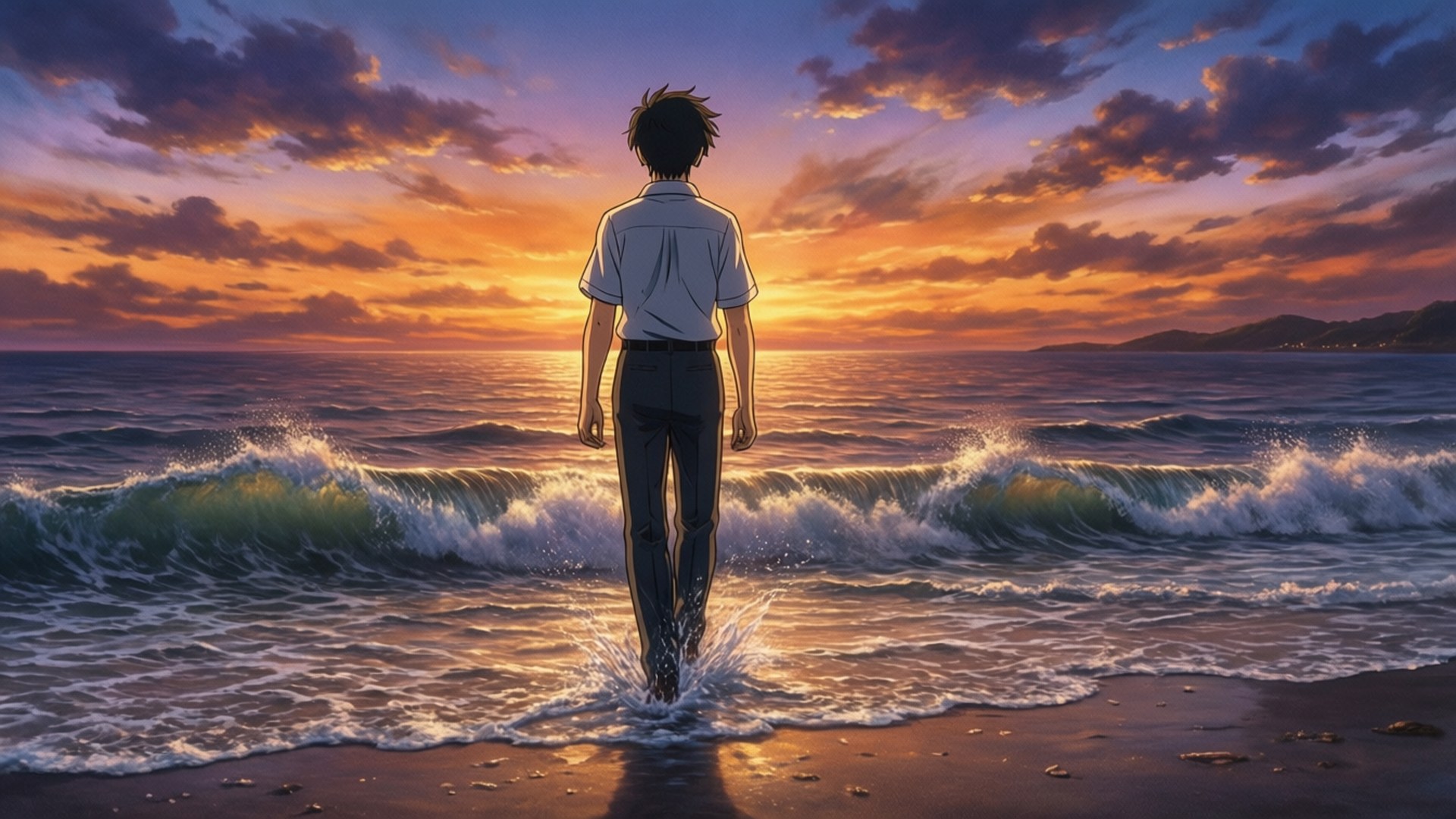 孤獨的海灘漫步 壁紙 — 一個孤獨的動畫男孩在日落時走進海浪中，身後是火紅的橙色和紫色天空。
